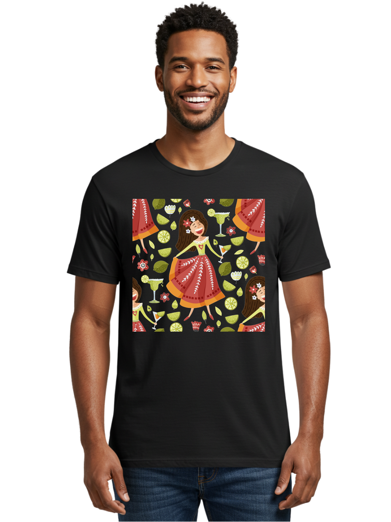 Hula-Girl Men'S Graphic Tee, 100% Cotton, Comfortable Casual Summer Wear, Machine Washable, Hula Girl, Hawaiian Dance, Margarita Cocktails, Citrus Fruits, Floral Patterns, Tropical Leaves, Dancing Woman, Festive Atmosphere, Joyful Moments, -  Aaa255
