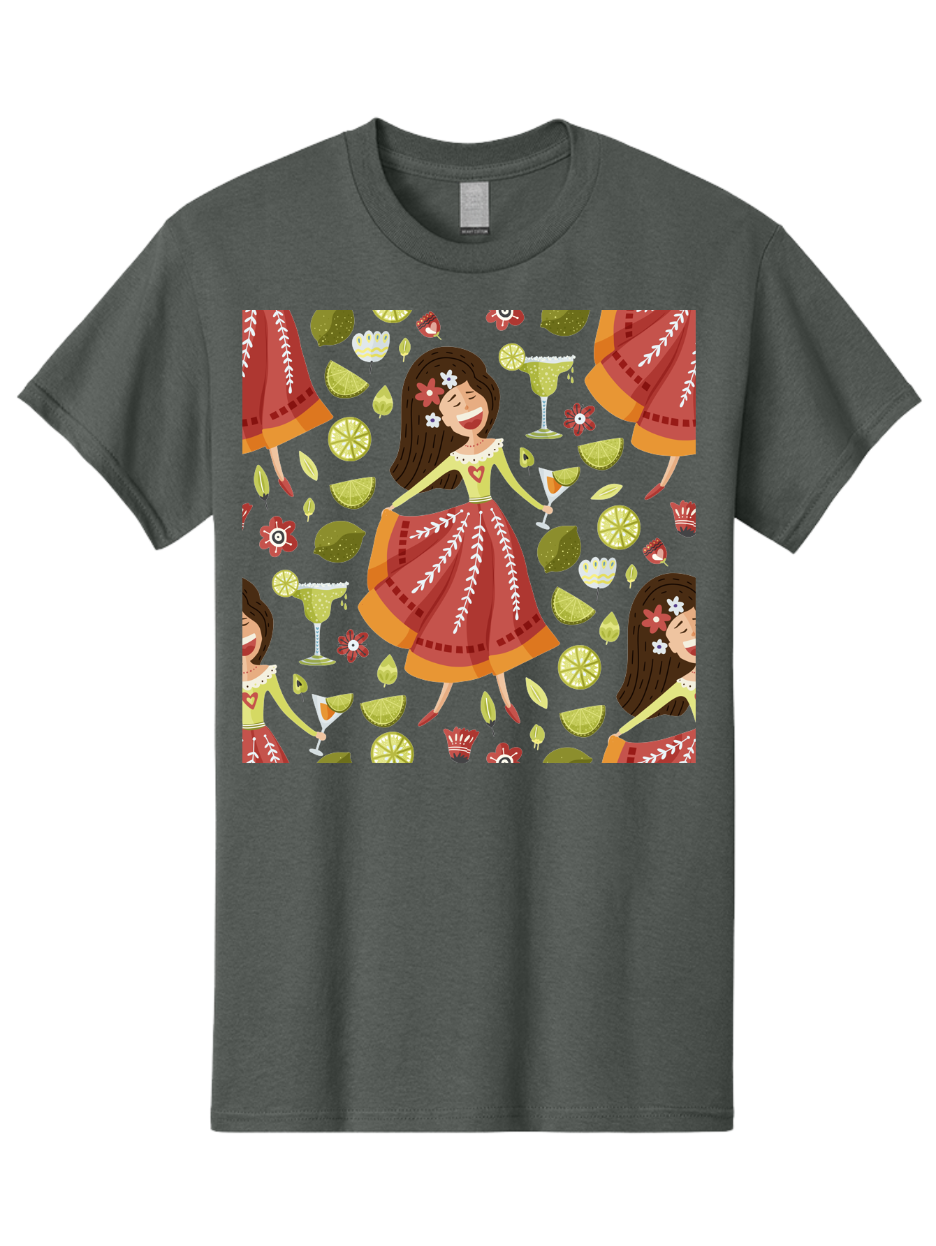 Hula-Girl Men'S Graphic Tee, 100% Cotton, Comfortable Casual Summer Wear, Machine Washable, Hula Girl, Hawaiian Dance, Margarita Cocktails, Citrus Fruits, Floral Patterns, Tropical Leaves, Dancing Woman, Festive Atmosphere, Joyful Moments, -  Aaa255