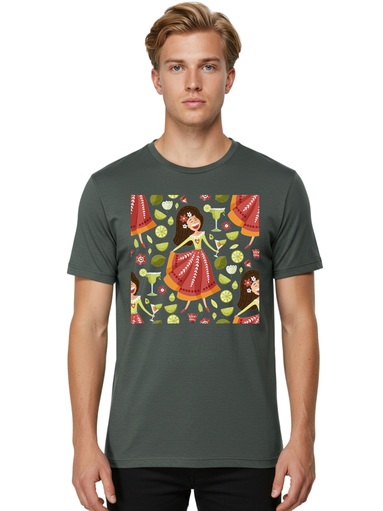 Hula-Girl Men'S Graphic Tee, 100% Cotton, Comfortable Casual Summer Wear, Machine Washable, Hula Girl, Hawaiian Dance, Margarita Cocktails, Citrus Fruits, Floral Patterns, Tropical Leaves, Dancing Woman, Festive Atmosphere, Joyful Moments, -  Aaa255