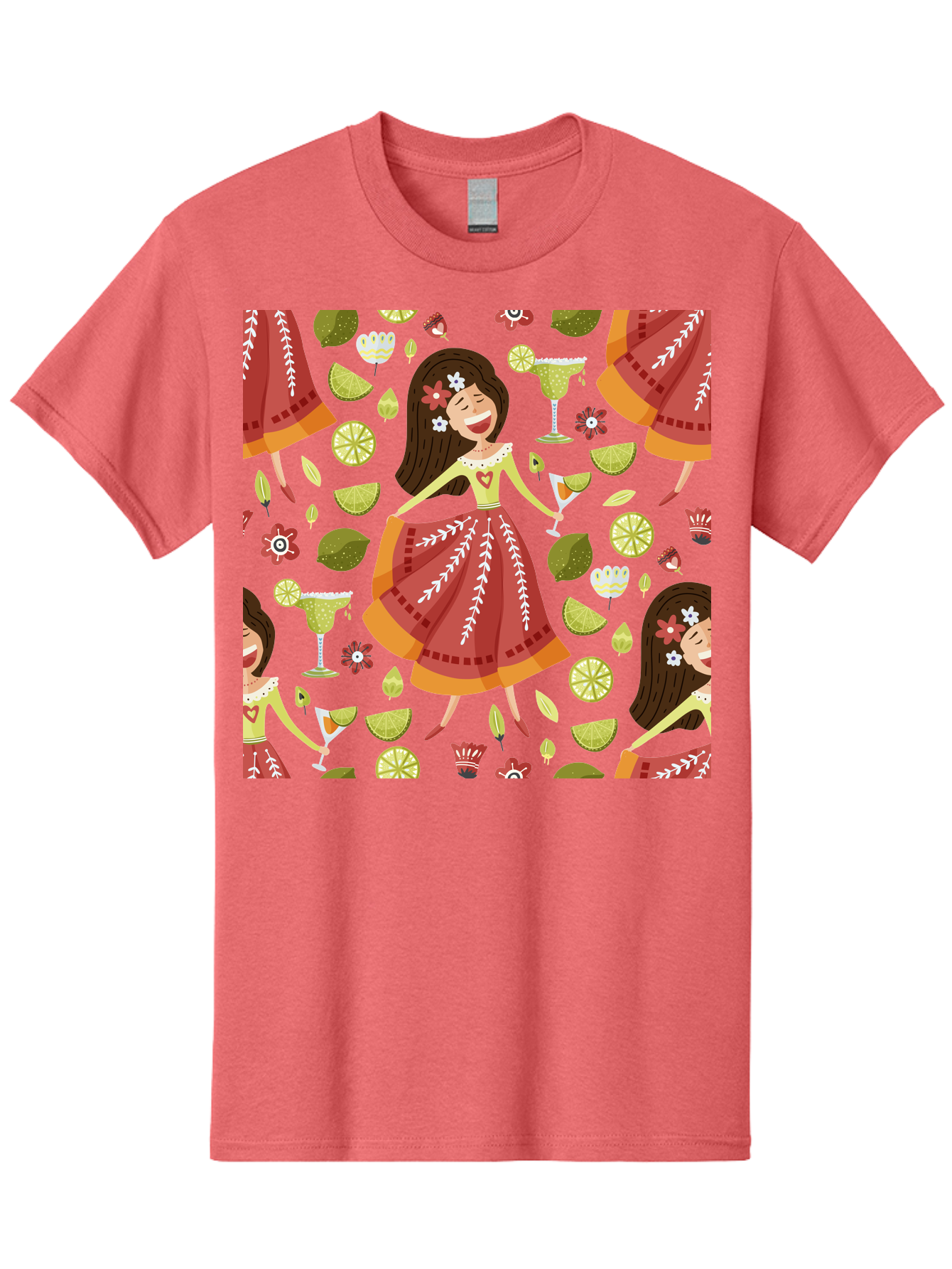 Hula-Girl Men'S Graphic Tee, 100% Cotton, Comfortable Casual Summer Wear, Machine Washable, Hula Girl, Hawaiian Dance, Margarita Cocktails, Citrus Fruits, Floral Patterns, Tropical Leaves, Dancing Woman, Festive Atmosphere, Joyful Moments, -  Aaa255