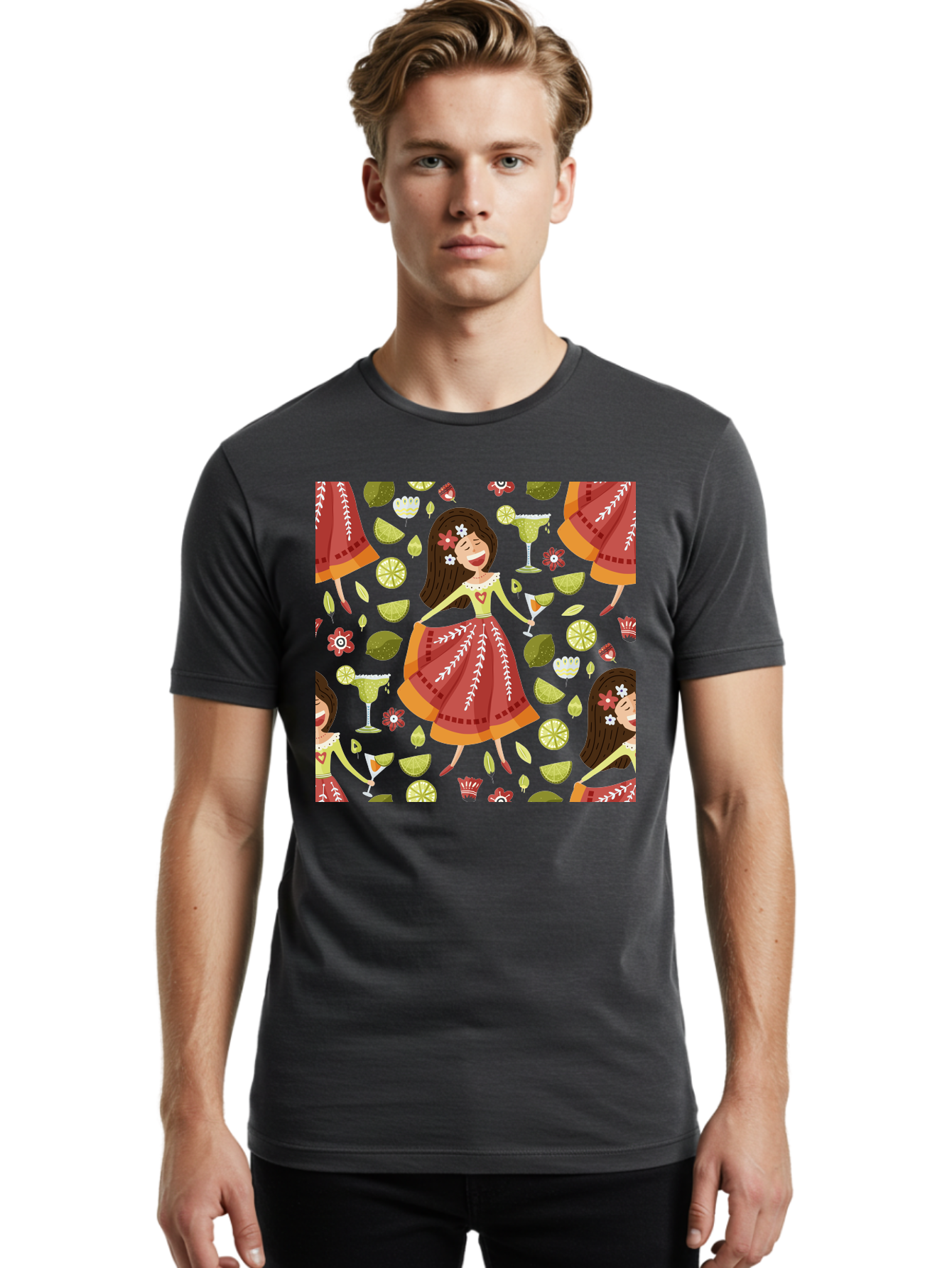 Hula-Girl Men'S Graphic Tee, 100% Cotton, Comfortable Casual Summer Wear, Machine Washable, Hula Girl, Hawaiian Dance, Margarita Cocktails, Citrus Fruits, Floral Patterns, Tropical Leaves, Dancing Woman, Festive Atmosphere, Joyful Moments, -  Aaa255