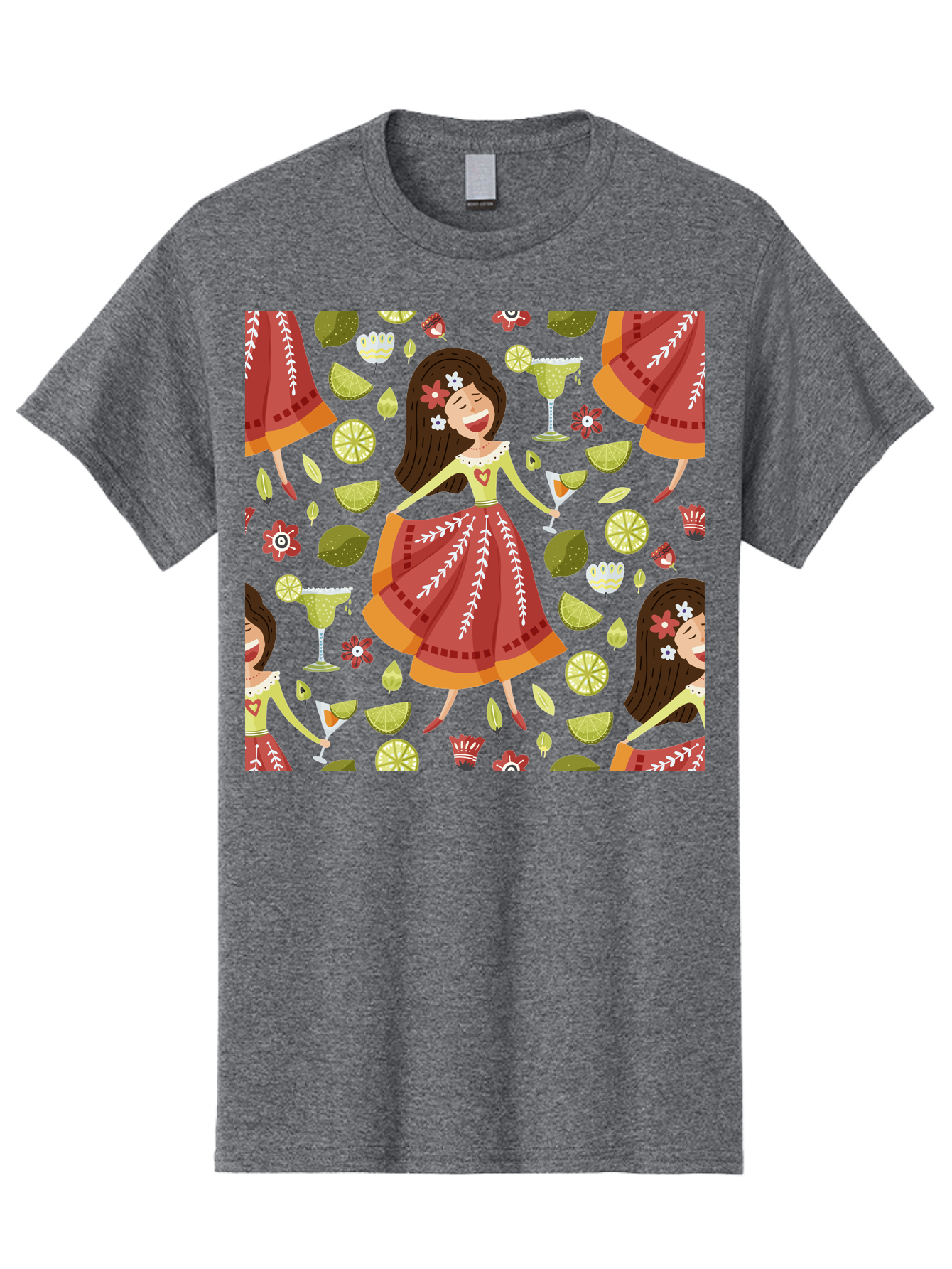 Hula-Girl Men'S Graphic Tee, 100% Cotton, Comfortable Casual Summer Wear, Machine Washable, Hula Girl, Hawaiian Dance, Margarita Cocktails, Citrus Fruits, Floral Patterns, Tropical Leaves, Dancing Woman, Festive Atmosphere, Joyful Moments, -  Aaa255