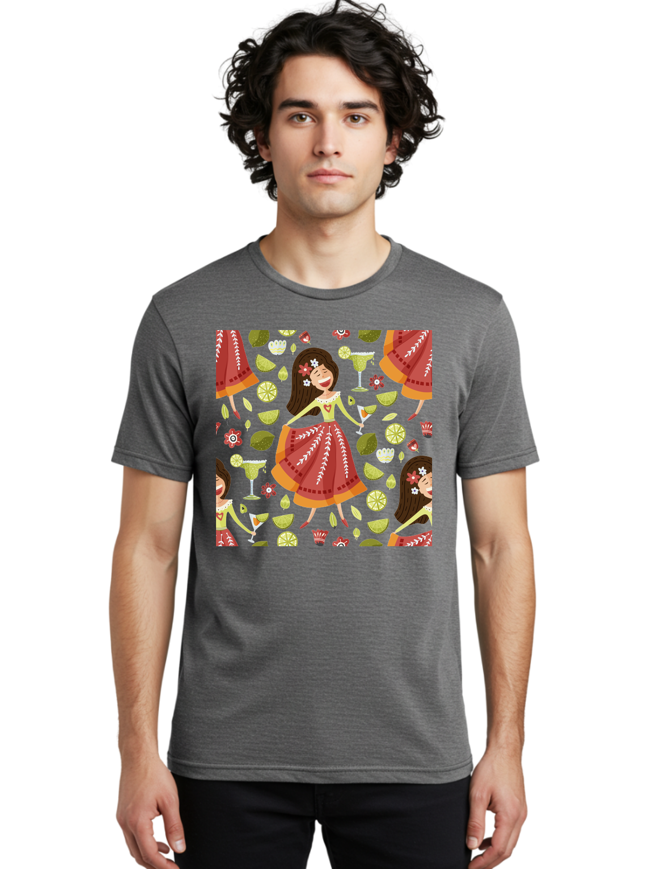 Hula-Girl Men'S Graphic Tee, 100% Cotton, Comfortable Casual Summer Wear, Machine Washable, Hula Girl, Hawaiian Dance, Margarita Cocktails, Citrus Fruits, Floral Patterns, Tropical Leaves, Dancing Woman, Festive Atmosphere, Joyful Moments, -  Aaa255