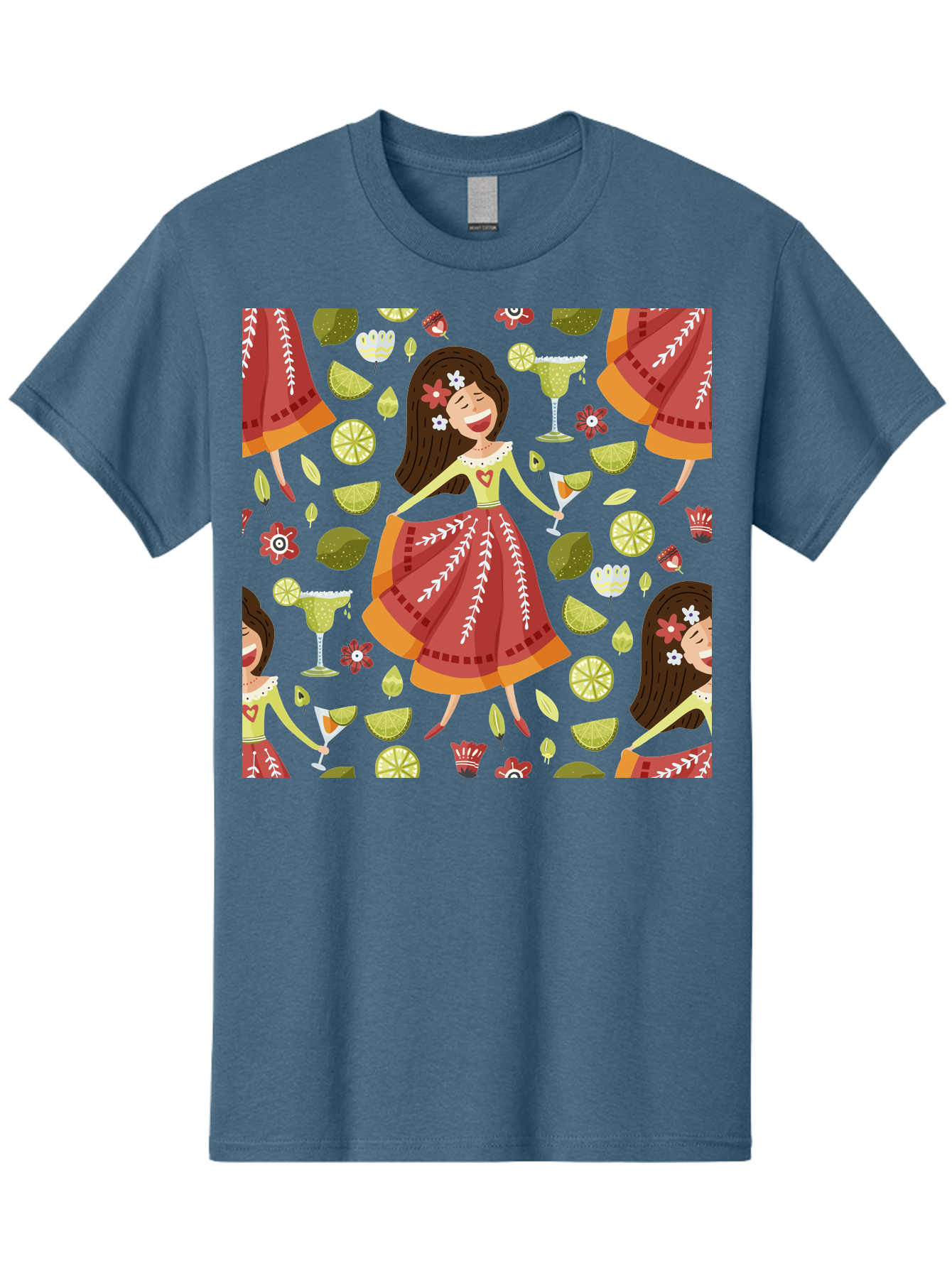 Hula-Girl Men'S Graphic Tee, 100% Cotton, Comfortable Casual Summer Wear, Machine Washable, Hula Girl, Hawaiian Dance, Margarita Cocktails, Citrus Fruits, Floral Patterns, Tropical Leaves, Dancing Woman, Festive Atmosphere, Joyful Moments, -  Aaa255