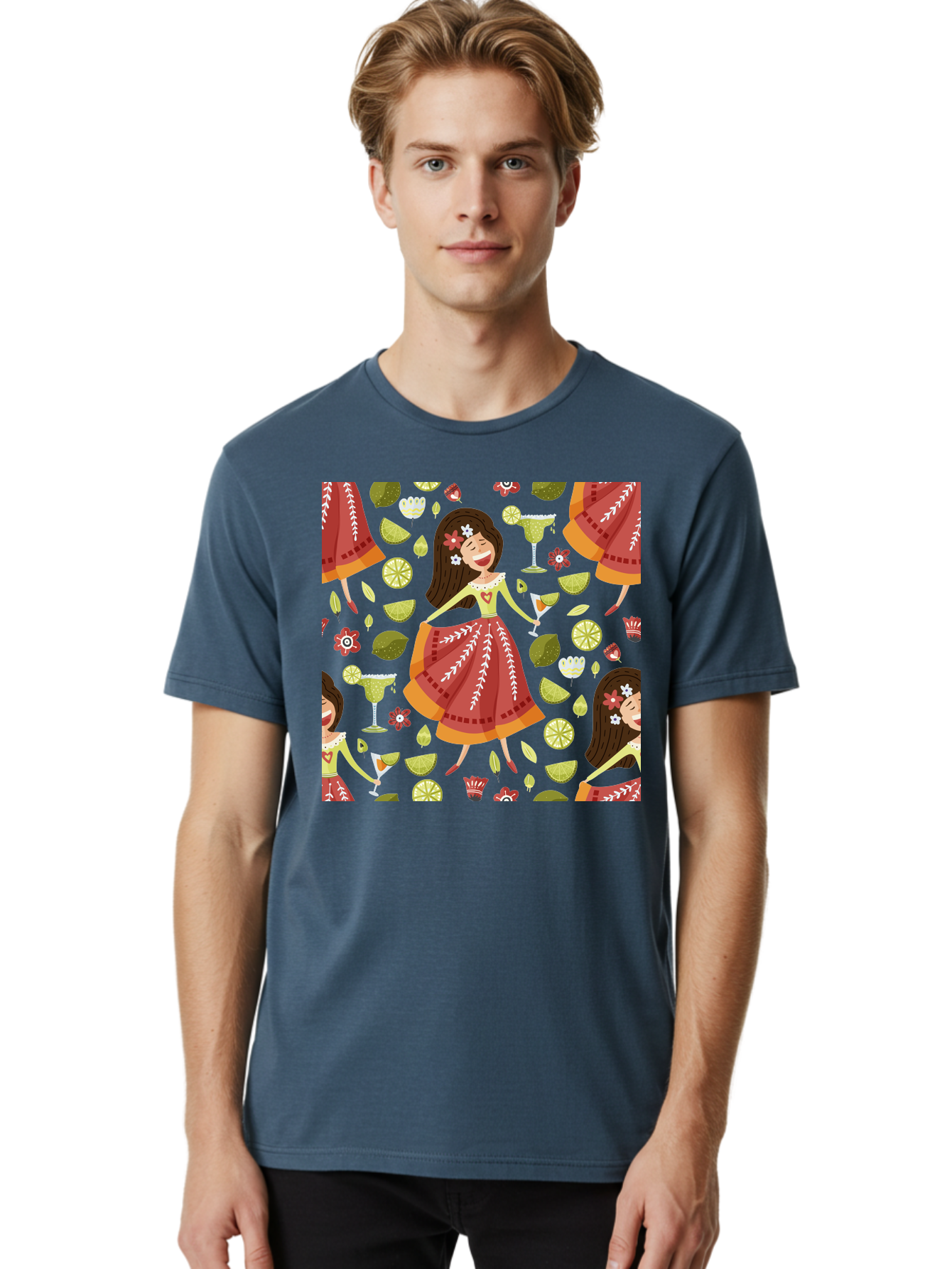 Hula-Girl Men'S Graphic Tee, 100% Cotton, Comfortable Casual Summer Wear, Machine Washable, Hula Girl, Hawaiian Dance, Margarita Cocktails, Citrus Fruits, Floral Patterns, Tropical Leaves, Dancing Woman, Festive Atmosphere, Joyful Moments, -  Aaa255