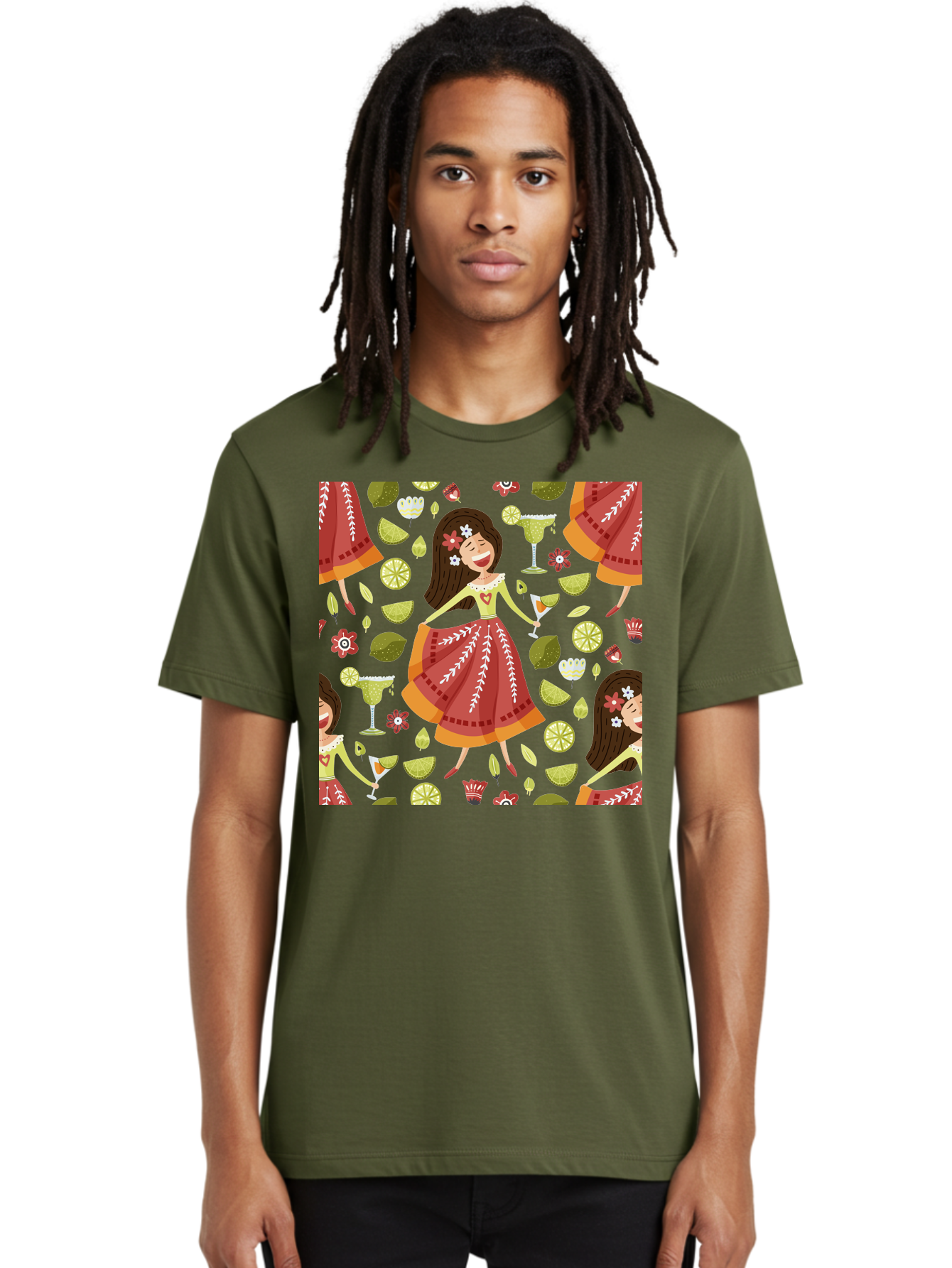 Hula-Girl Men'S Graphic Tee, 100% Cotton, Comfortable Casual Summer Wear, Machine Washable, Hula Girl, Hawaiian Dance, Margarita Cocktails, Citrus Fruits, Floral Patterns, Tropical Leaves, Dancing Woman, Festive Atmosphere, Joyful Moments, -  Aaa255