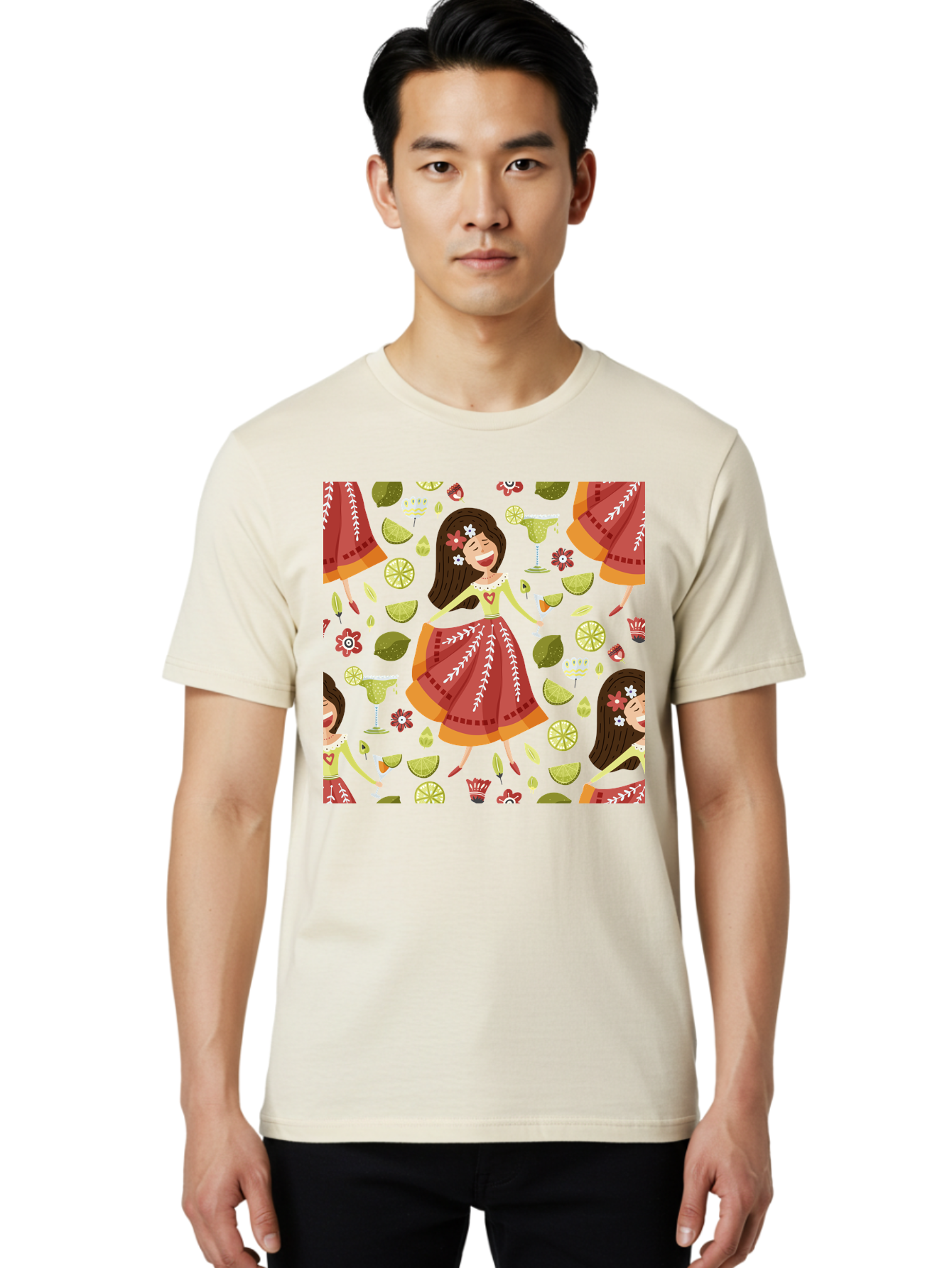Hula-Girl Men'S Graphic Tee, 100% Cotton, Comfortable Casual Summer Wear, Machine Washable, Hula Girl, Hawaiian Dance, Margarita Cocktails, Citrus Fruits, Floral Patterns, Tropical Leaves, Dancing Woman, Festive Atmosphere, Joyful Moments, -  Aaa255