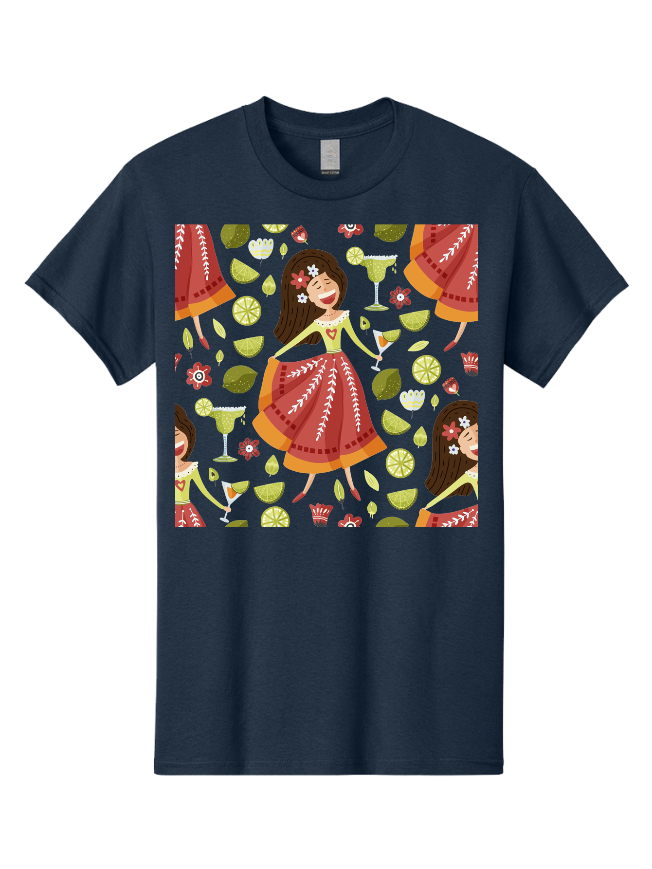 Hula-Girl Men'S Graphic Tee, 100% Cotton, Comfortable Casual Summer Wear, Machine Washable, Hula Girl, Hawaiian Dance, Margarita Cocktails, Citrus Fruits, Floral Patterns, Tropical Leaves, Dancing Woman, Festive Atmosphere, Joyful Moments, -  Aaa255