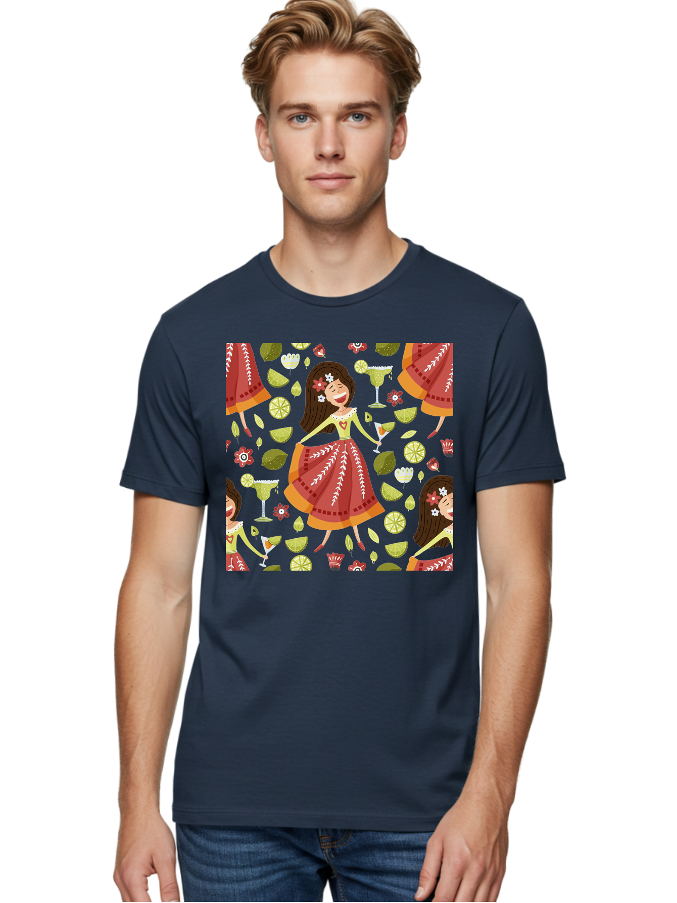 Hula-Girl Men'S Graphic Tee, 100% Cotton, Comfortable Casual Summer Wear, Machine Washable, Hula Girl, Hawaiian Dance, Margarita Cocktails, Citrus Fruits, Floral Patterns, Tropical Leaves, Dancing Woman, Festive Atmosphere, Joyful Moments, -  Aaa255