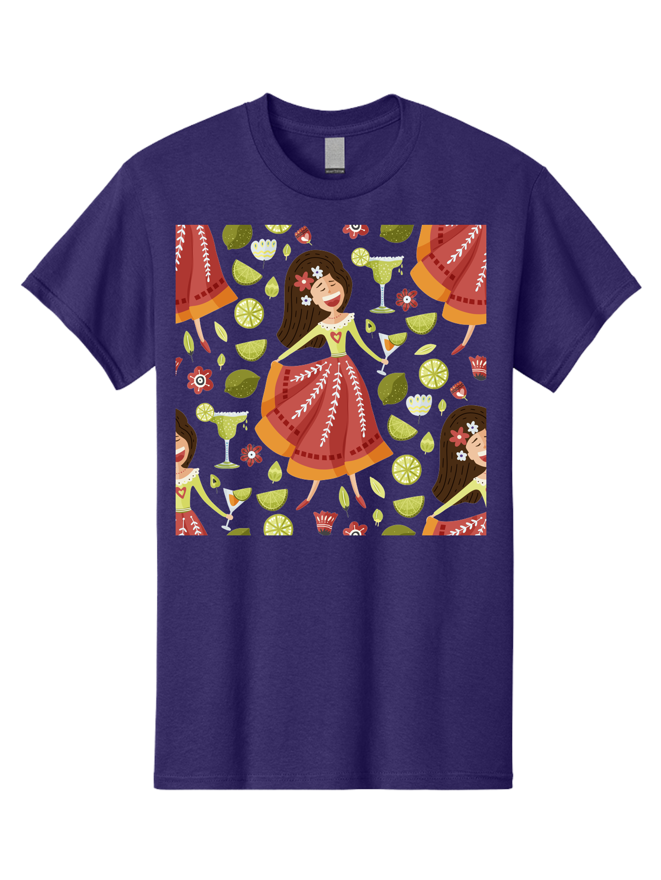 Hula-Girl Men'S Graphic Tee, 100% Cotton, Comfortable Casual Summer Wear, Machine Washable, Hula Girl, Hawaiian Dance, Margarita Cocktails, Citrus Fruits, Floral Patterns, Tropical Leaves, Dancing Woman, Festive Atmosphere, Joyful Moments, -  Aaa255