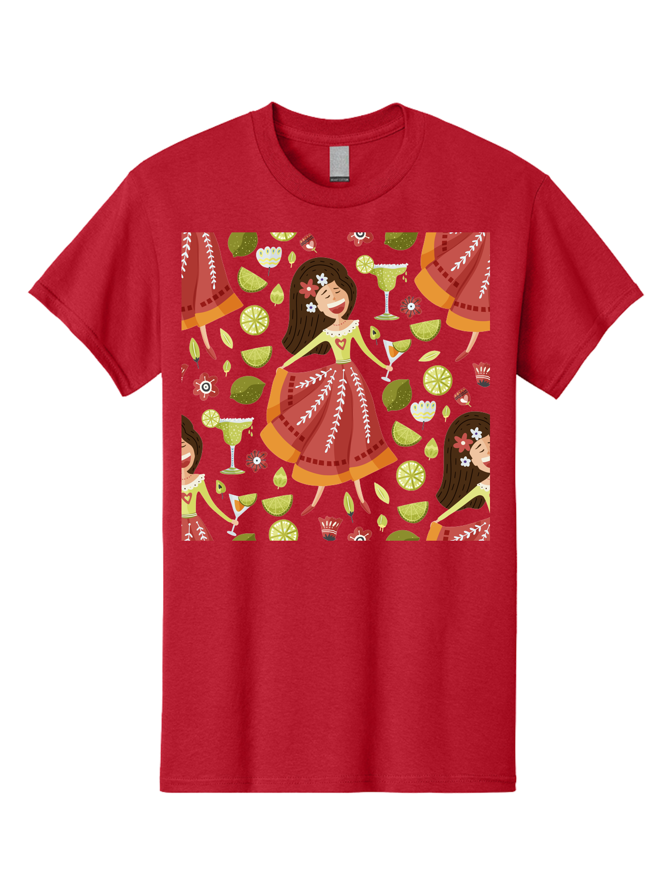 Hula-Girl Men'S Graphic Tee, 100% Cotton, Comfortable Casual Summer Wear, Machine Washable, Hula Girl, Hawaiian Dance, Margarita Cocktails, Citrus Fruits, Floral Patterns, Tropical Leaves, Dancing Woman, Festive Atmosphere, Joyful Moments, -  Aaa255