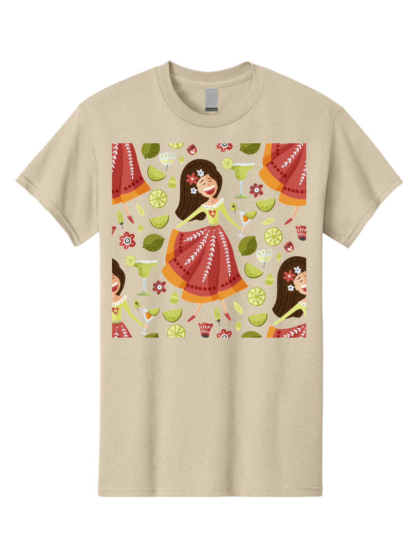 Hula-Girl Men'S Graphic Tee, 100% Cotton, Comfortable Casual Summer Wear, Machine Washable, Hula Girl, Hawaiian Dance, Margarita Cocktails, Citrus Fruits, Floral Patterns, Tropical Leaves, Dancing Woman, Festive Atmosphere, Joyful Moments, -  Aaa255