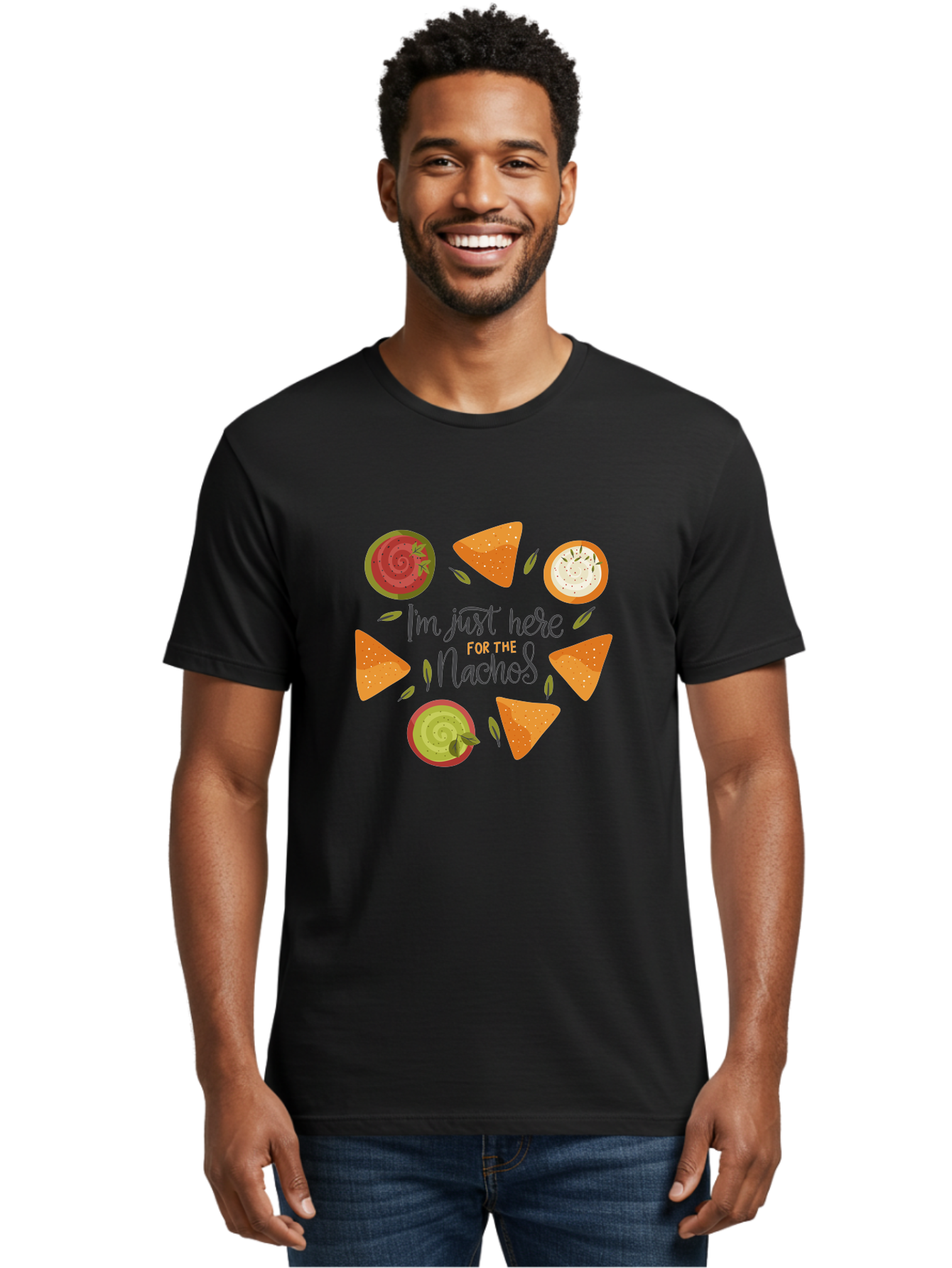I-M-Just-Here-For-The-Nachos-1 Men'S Graphic Tee, 100% Cotton, Comfortable Casual Summer Wear, Machine Washable, Nachos, Dips, Salsa, Guacamole, Queso, Tortilla Chips, Snack Time, Mexican Food, Party Food, Nacho Cheese, Appetizer -  Aaa262