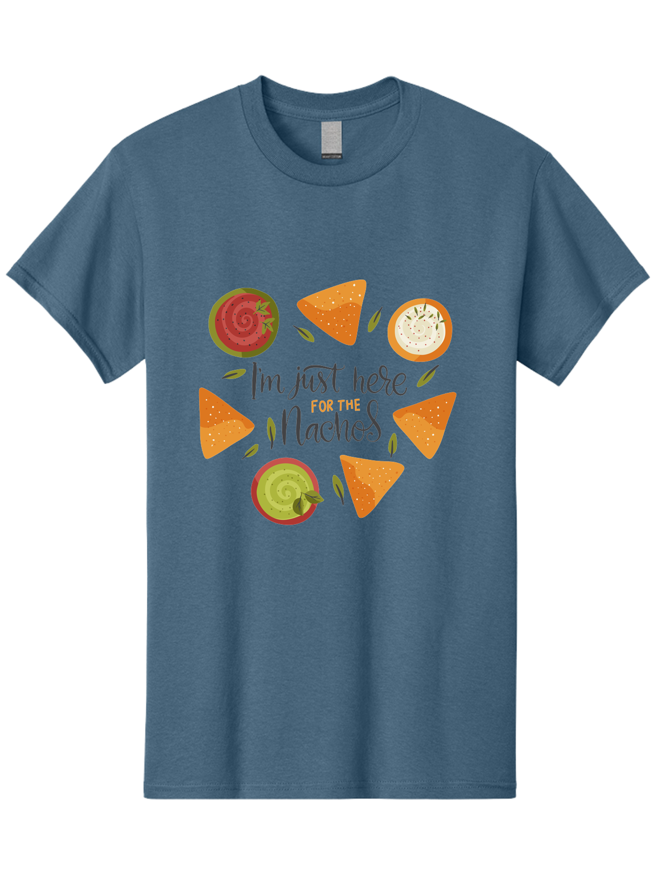 I-M-Just-Here-For-The-Nachos-1 Men'S Graphic Tee, 100% Cotton, Comfortable Casual Summer Wear, Machine Washable, Nachos, Dips, Salsa, Guacamole, Queso, Tortilla Chips, Snack Time, Mexican Food, Party Food, Nacho Cheese, Appetizer -  Aaa262