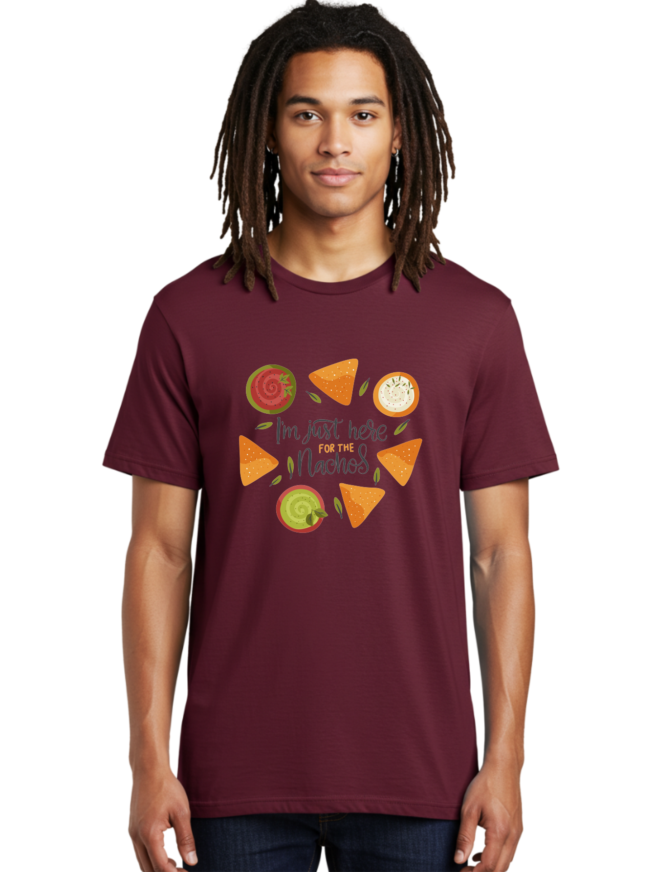 I-M-Just-Here-For-The-Nachos-1 Men'S Graphic Tee, 100% Cotton, Comfortable Casual Summer Wear, Machine Washable, Nachos, Dips, Salsa, Guacamole, Queso, Tortilla Chips, Snack Time, Mexican Food, Party Food, Nacho Cheese, Appetizer -  Aaa262