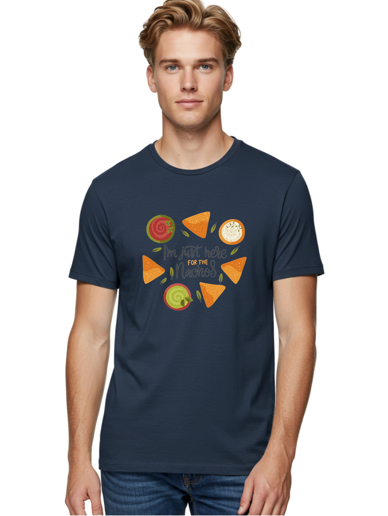 I-M-Just-Here-For-The-Nachos-1 Men'S Graphic Tee, 100% Cotton, Comfortable Casual Summer Wear, Machine Washable, Nachos, Dips, Salsa, Guacamole, Queso, Tortilla Chips, Snack Time, Mexican Food, Party Food, Nacho Cheese, Appetizer -  Aaa262