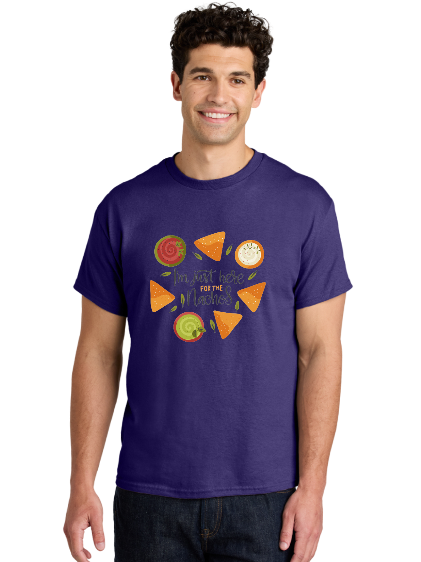 I-M-Just-Here-For-The-Nachos-1 Men'S Graphic Tee, 100% Cotton, Comfortable Casual Summer Wear, Machine Washable, Nachos, Dips, Salsa, Guacamole, Queso, Tortilla Chips, Snack Time, Mexican Food, Party Food, Nacho Cheese, Appetizer -  Aaa262