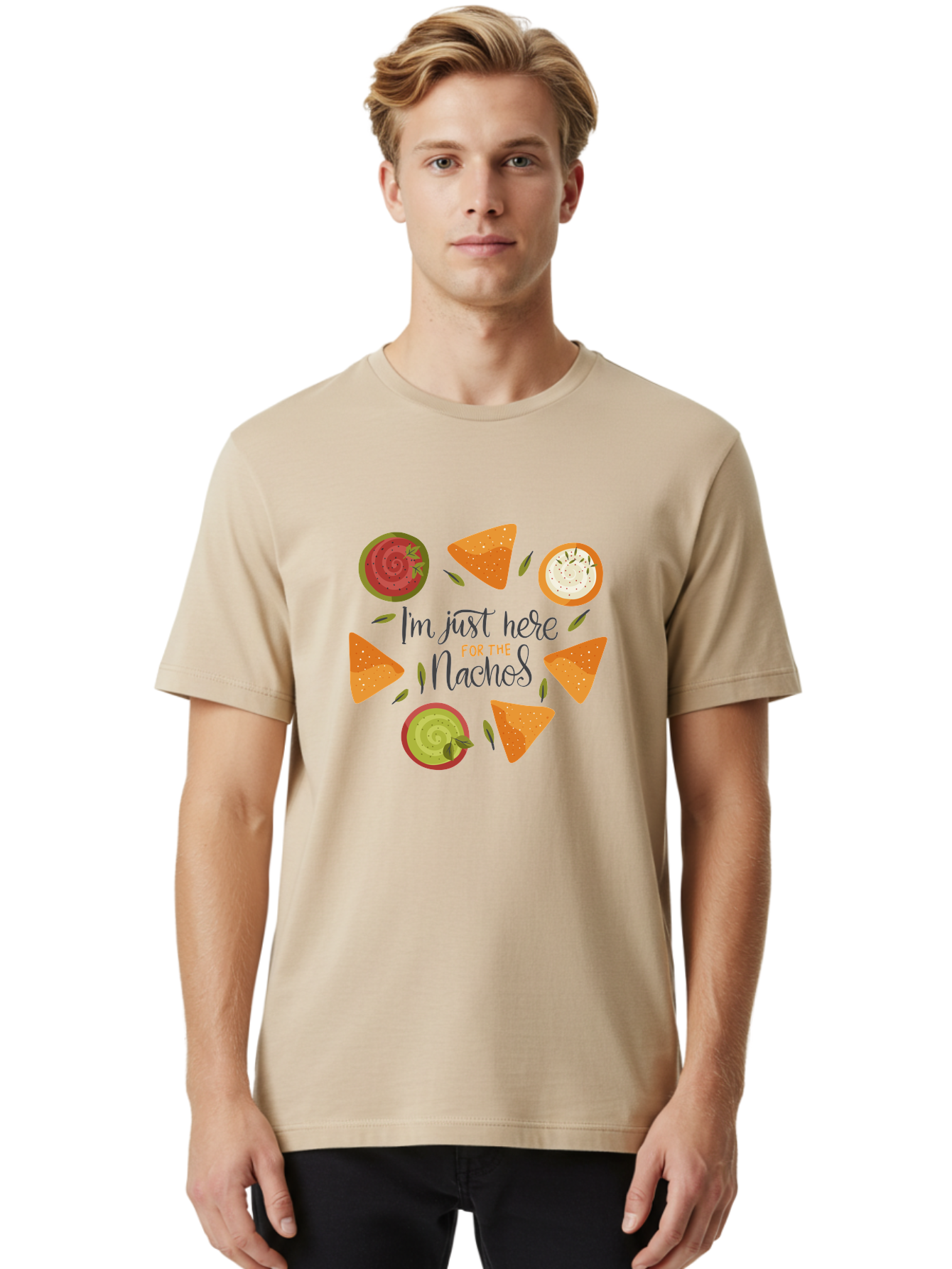 I-M-Just-Here-For-The-Nachos-1 Men'S Graphic Tee, 100% Cotton, Comfortable Casual Summer Wear, Machine Washable, Nachos, Dips, Salsa, Guacamole, Queso, Tortilla Chips, Snack Time, Mexican Food, Party Food, Nacho Cheese, Appetizer -  Aaa262