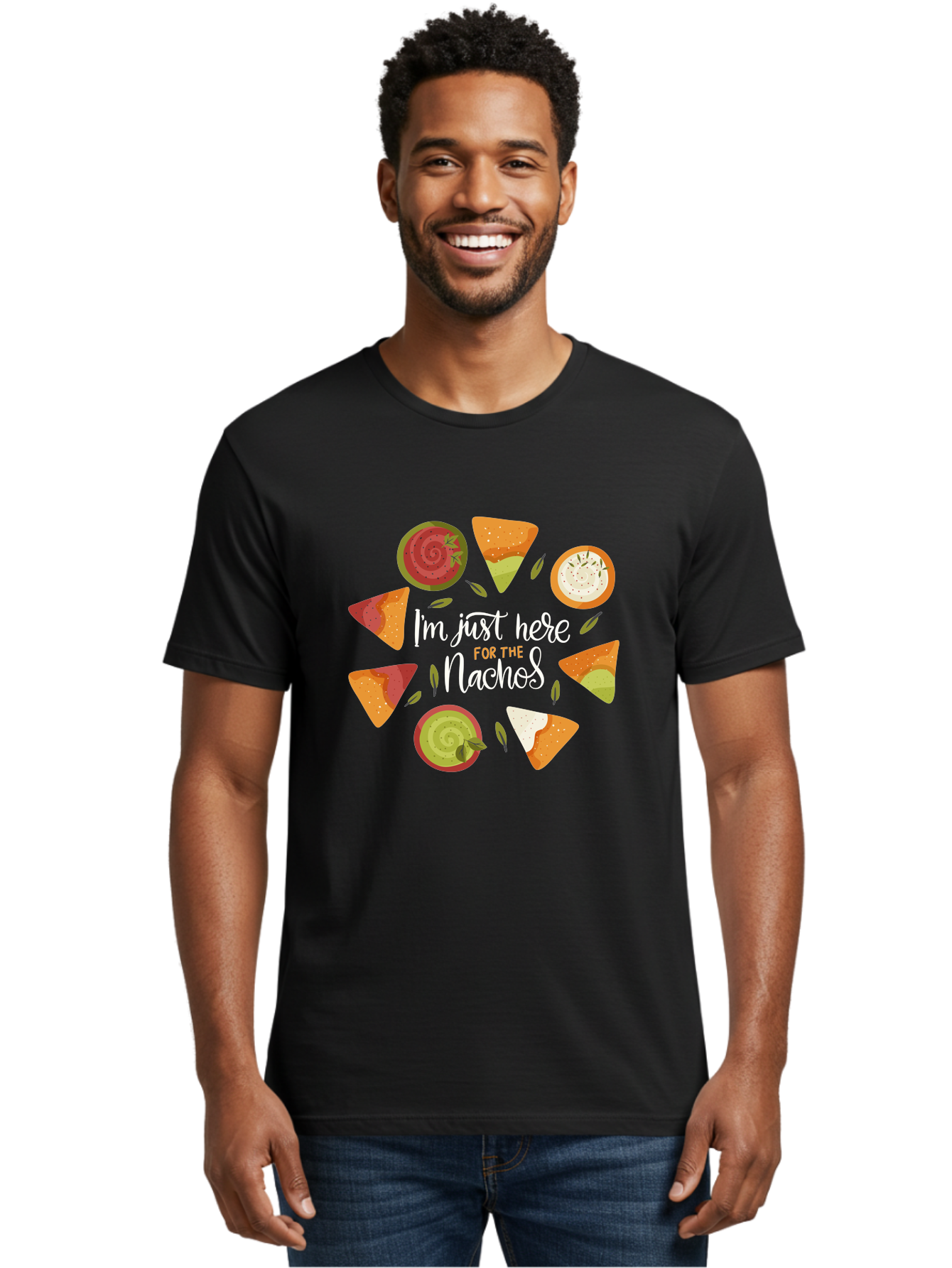 I-M-Just-Here-For-The-Nachos Men'S Graphic Tee, 100% Cotton, Comfortable Casual Summer Wear, Machine Washable, Nachos, Tortilla Chips, Dips, Salsa, Guacamole, Mexican Food, Snack Time, Party Food, Appetizer, Finger Food, Delicious -  Aaa265