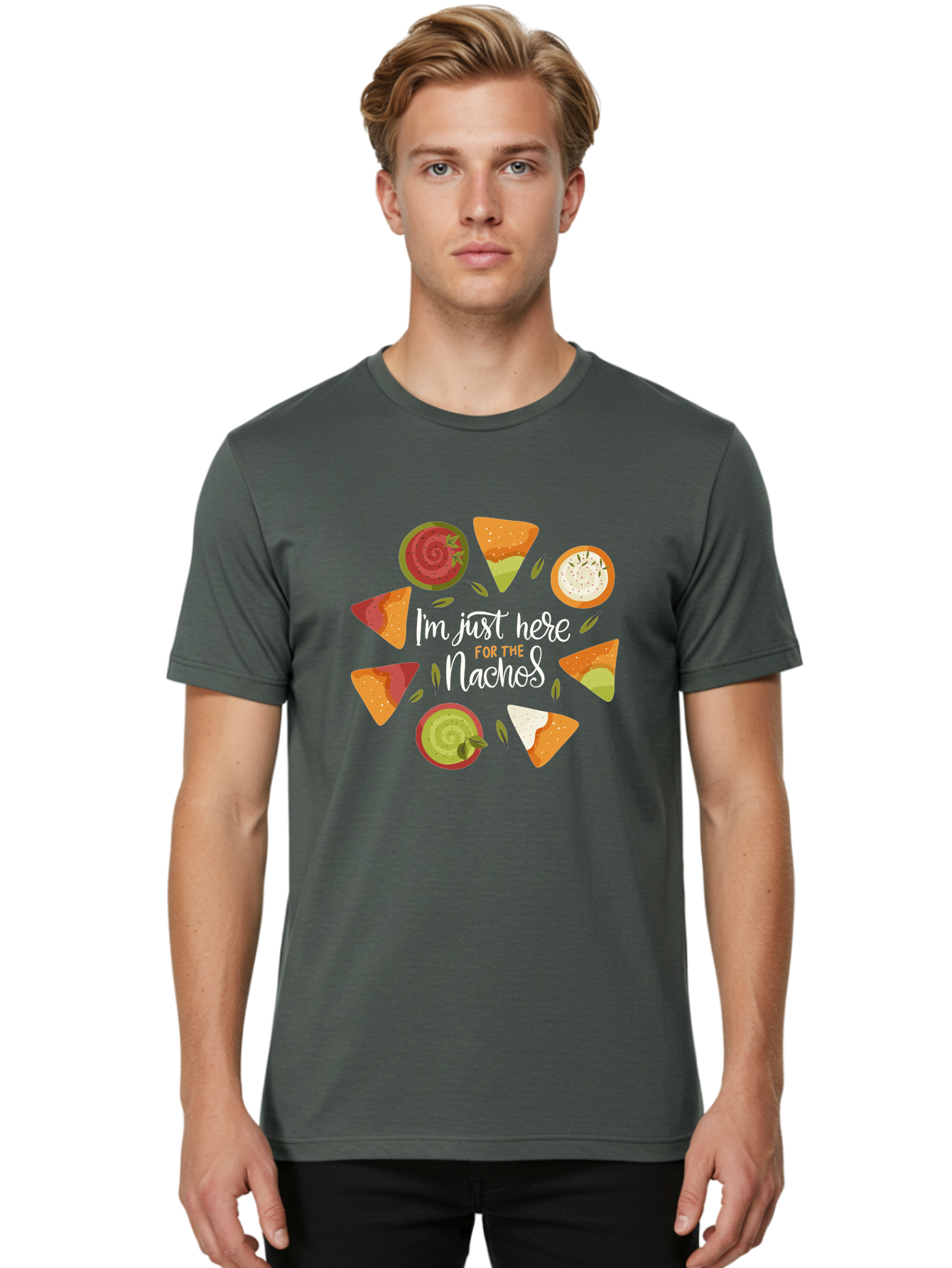 I-M-Just-Here-For-The-Nachos Men'S Graphic Tee, 100% Cotton, Comfortable Casual Summer Wear, Machine Washable, Nachos, Tortilla Chips, Dips, Salsa, Guacamole, Mexican Food, Snack Time, Party Food, Appetizer, Finger Food, Delicious -  Aaa265