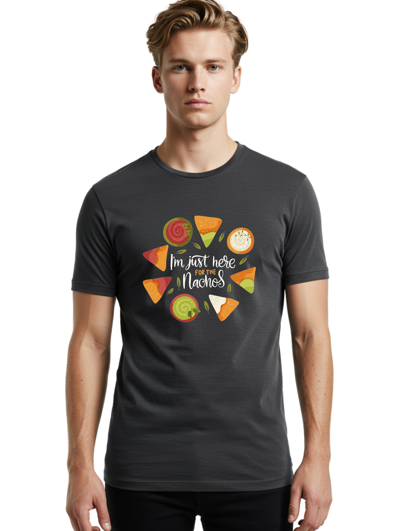I-M-Just-Here-For-The-Nachos Men'S Graphic Tee, 100% Cotton, Comfortable Casual Summer Wear, Machine Washable, Nachos, Tortilla Chips, Dips, Salsa, Guacamole, Mexican Food, Snack Time, Party Food, Appetizer, Finger Food, Delicious -  Aaa265