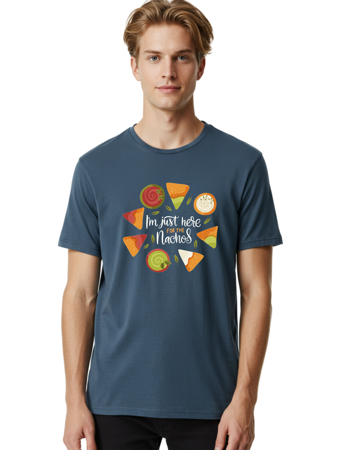 I-M-Just-Here-For-The-Nachos Men'S Graphic Tee, 100% Cotton, Comfortable Casual Summer Wear, Machine Washable, Nachos, Tortilla Chips, Dips, Salsa, Guacamole, Mexican Food, Snack Time, Party Food, Appetizer, Finger Food, Delicious -  Aaa265