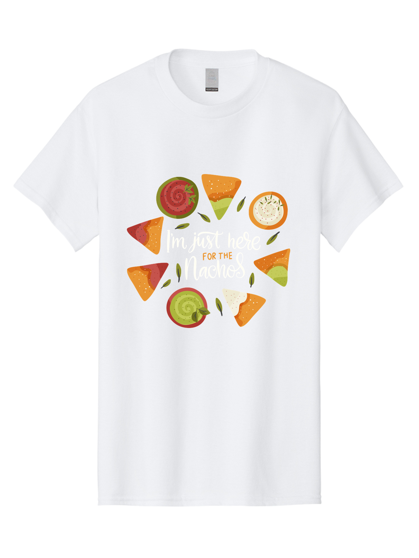 I-M-Just-Here-For-The-Nachos Men'S Graphic Tee, 100% Cotton, Comfortable Casual Summer Wear, Machine Washable, Nachos, Tortilla Chips, Dips, Salsa, Guacamole, Mexican Food, Snack Time, Party Food, Appetizer, Finger Food, Delicious -  Aaa265