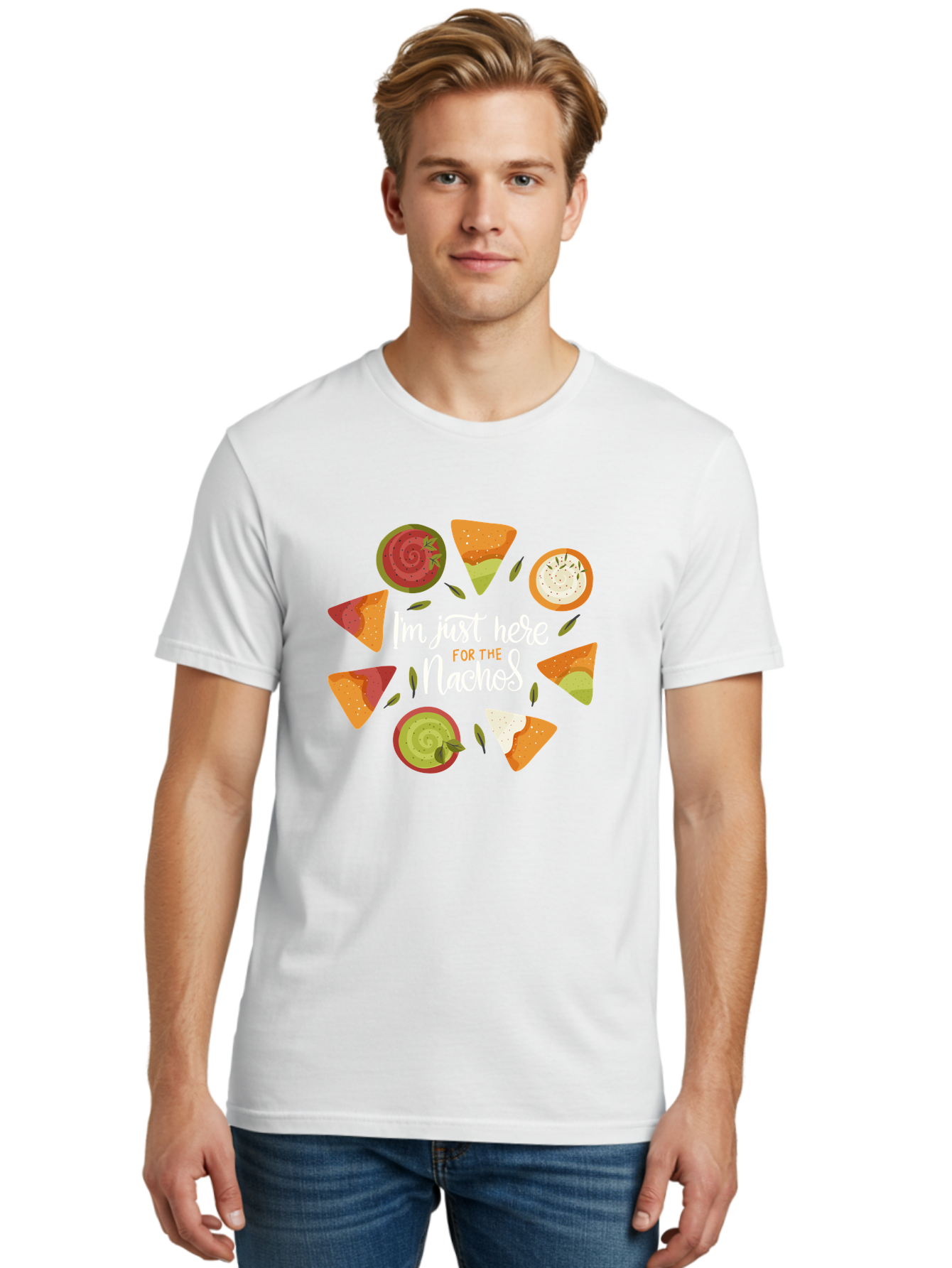 I-M-Just-Here-For-The-Nachos Men'S Graphic Tee, 100% Cotton, Comfortable Casual Summer Wear, Machine Washable, Nachos, Tortilla Chips, Dips, Salsa, Guacamole, Mexican Food, Snack Time, Party Food, Appetizer, Finger Food, Delicious -  Aaa265