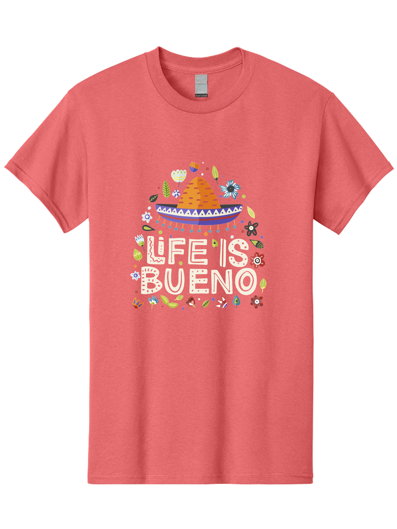 Life-Is-Bueno-1 Men'S Graphic Tee, 100% Cotton, Comfortable Casual Summer Wear, Machine Washable, Colorful Illustration, Sombrero Hat, Flowers, Leaves, Vibrant Colors, Festive Design, Mexican Culture, Positive Vibes, Inspirational Quote, -  Aaa269