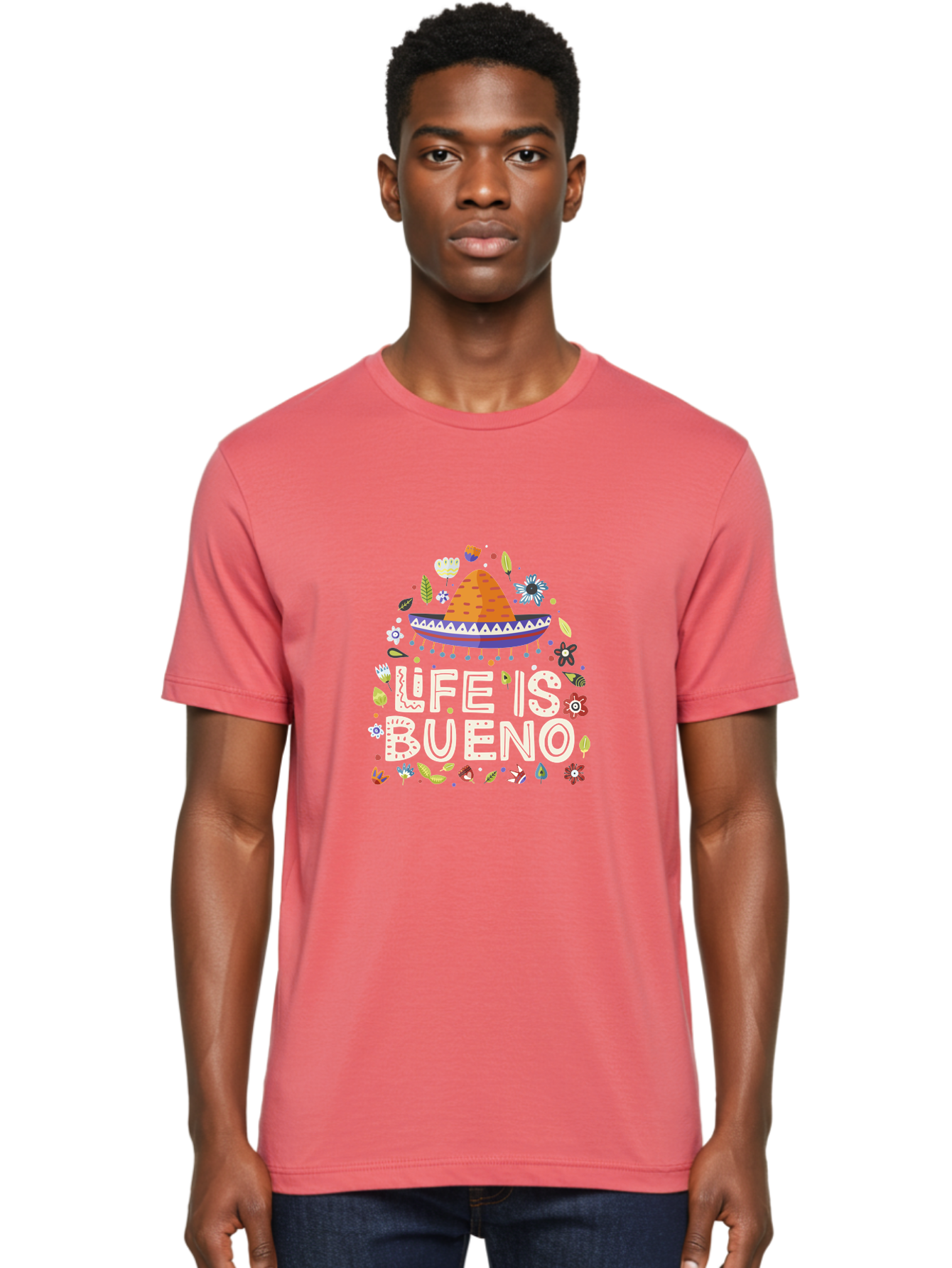 Life-Is-Bueno-1 Men'S Graphic Tee, 100% Cotton, Comfortable Casual Summer Wear, Machine Washable, Colorful Illustration, Sombrero Hat, Flowers, Leaves, Vibrant Colors, Festive Design, Mexican Culture, Positive Vibes, Inspirational Quote, -  Aaa269