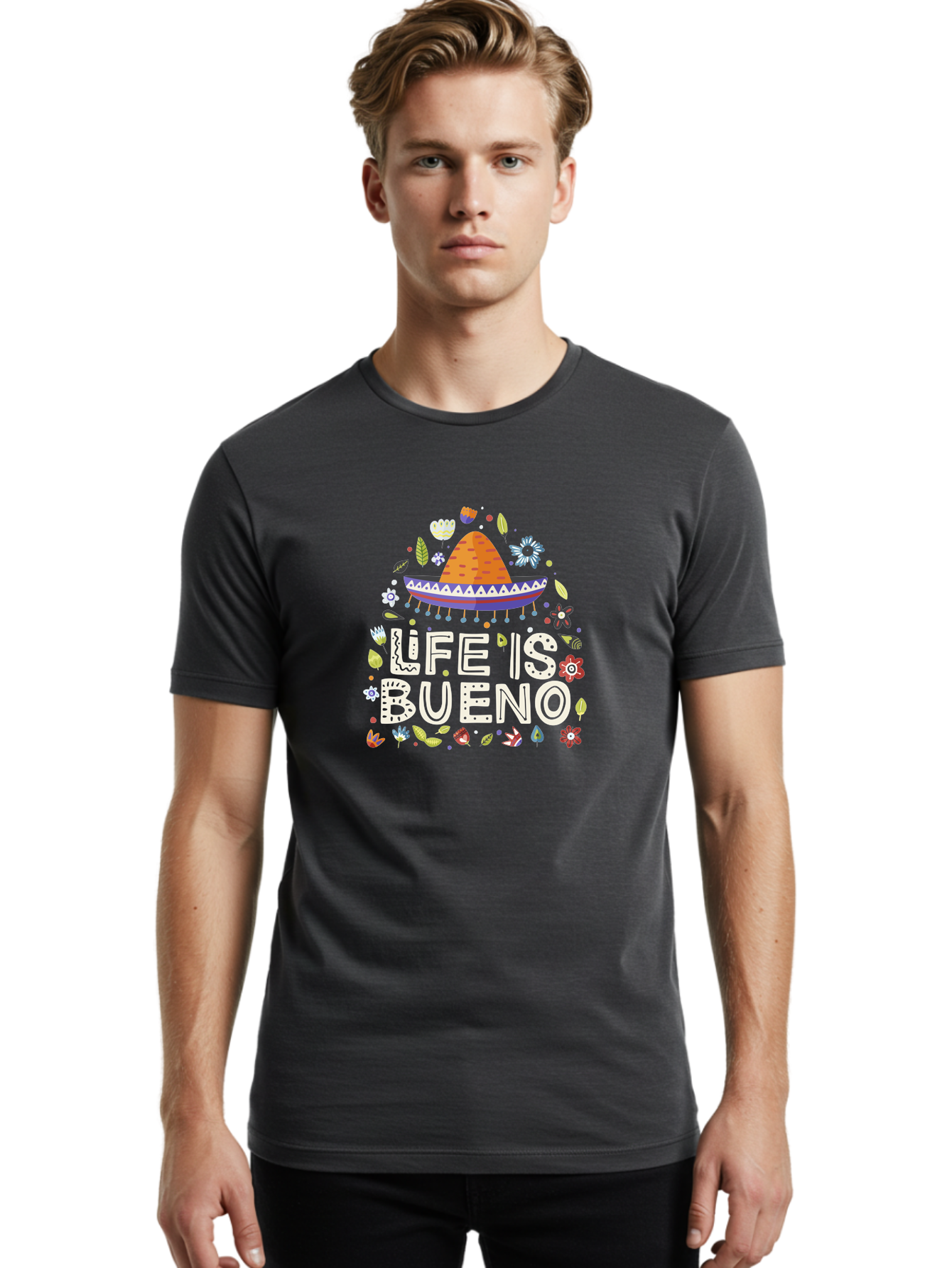 Life-Is-Bueno-1 Men'S Graphic Tee, 100% Cotton, Comfortable Casual Summer Wear, Machine Washable, Colorful Illustration, Sombrero Hat, Flowers, Leaves, Vibrant Colors, Festive Design, Mexican Culture, Positive Vibes, Inspirational Quote, -  Aaa269