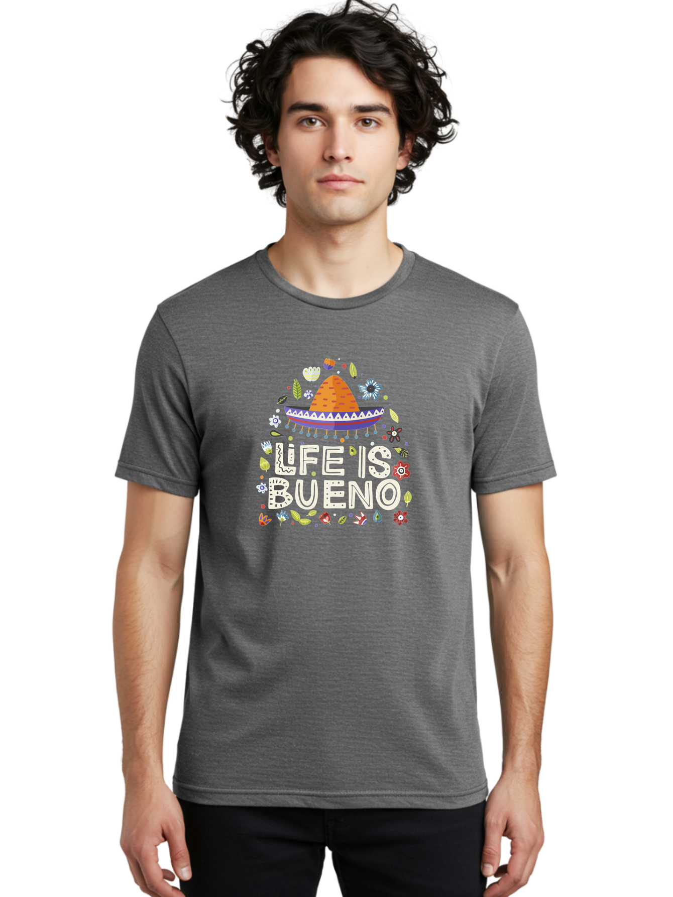 Life-Is-Bueno-1 Men'S Graphic Tee, 100% Cotton, Comfortable Casual Summer Wear, Machine Washable, Colorful Illustration, Sombrero Hat, Flowers, Leaves, Vibrant Colors, Festive Design, Mexican Culture, Positive Vibes, Inspirational Quote, -  Aaa269
