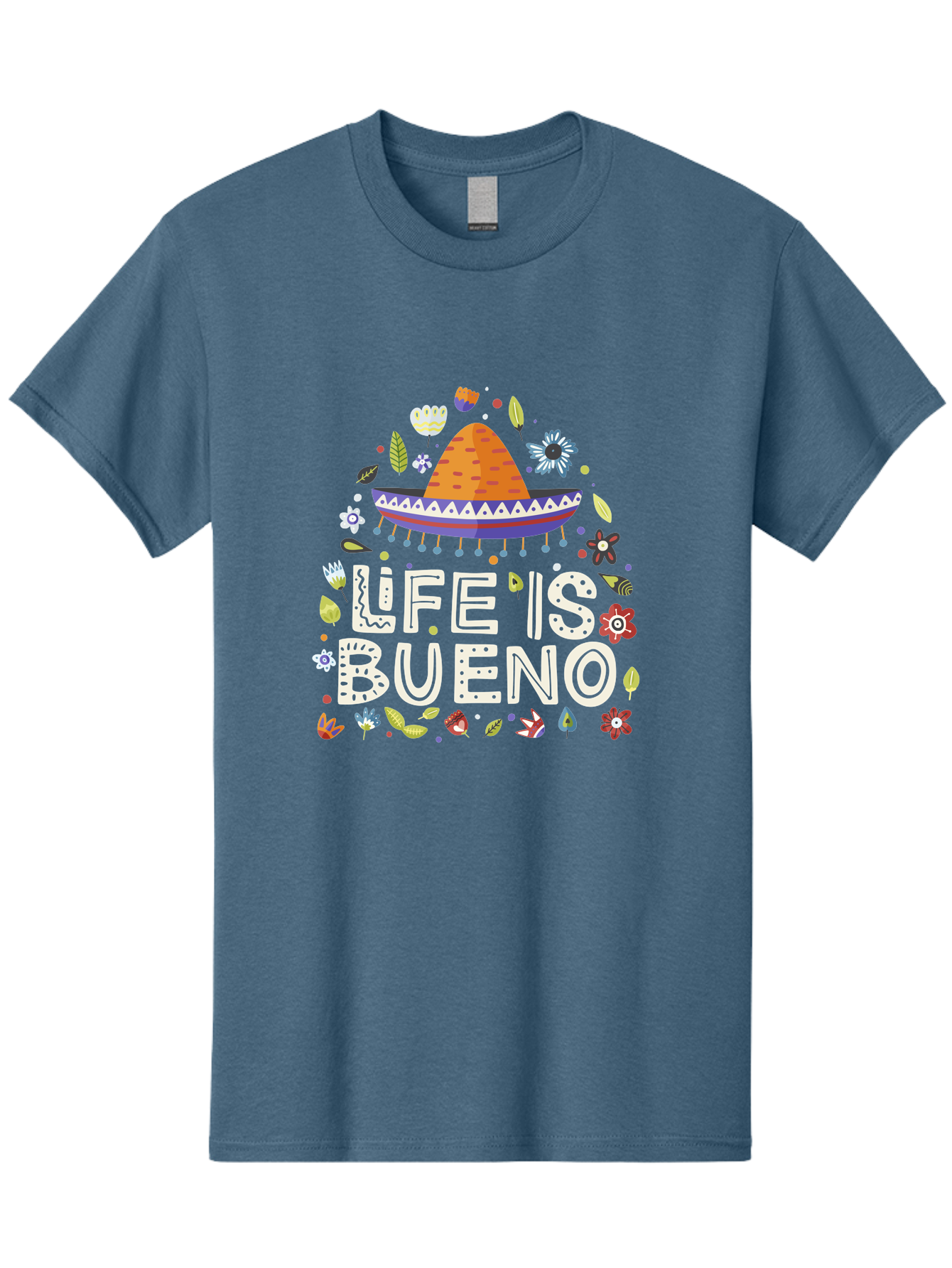 Life-Is-Bueno-1 Men'S Graphic Tee, 100% Cotton, Comfortable Casual Summer Wear, Machine Washable, Colorful Illustration, Sombrero Hat, Flowers, Leaves, Vibrant Colors, Festive Design, Mexican Culture, Positive Vibes, Inspirational Quote, -  Aaa269