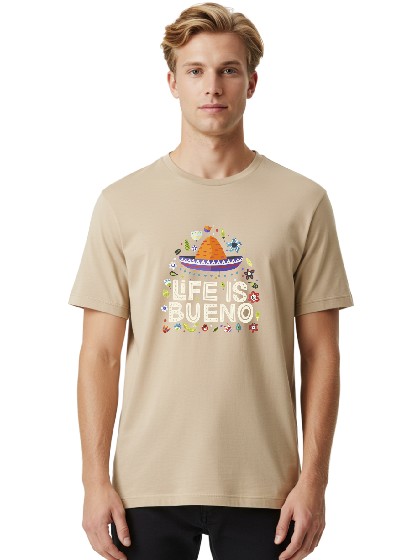 Life-Is-Bueno-1 Men'S Graphic Tee, 100% Cotton, Comfortable Casual Summer Wear, Machine Washable, Colorful Illustration, Sombrero Hat, Flowers, Leaves, Vibrant Colors, Festive Design, Mexican Culture, Positive Vibes, Inspirational Quote, -  Aaa269