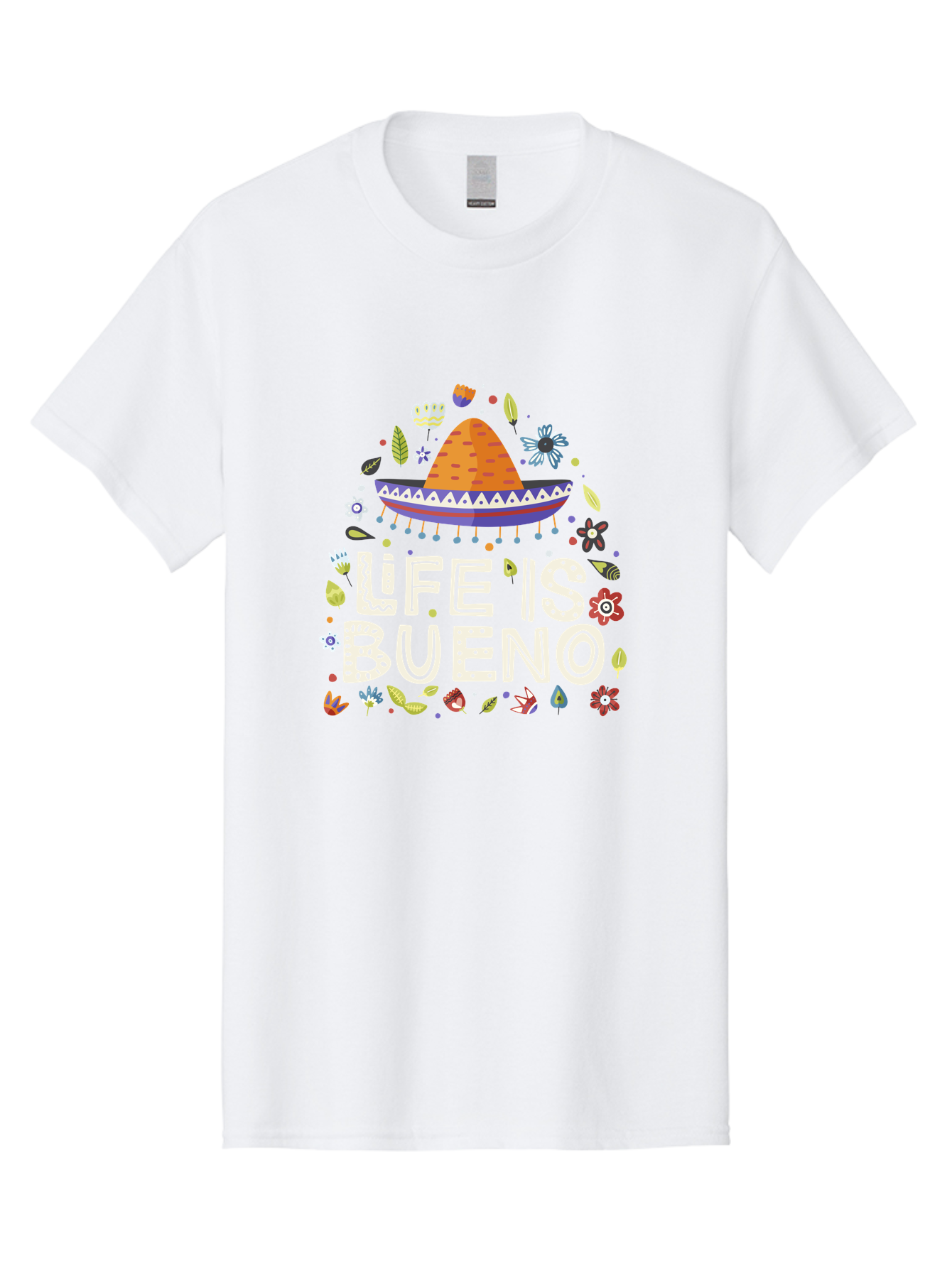 Life-Is-Bueno-1 Men'S Graphic Tee, 100% Cotton, Comfortable Casual Summer Wear, Machine Washable, Colorful Illustration, Sombrero Hat, Flowers, Leaves, Vibrant Colors, Festive Design, Mexican Culture, Positive Vibes, Inspirational Quote, -  Aaa269