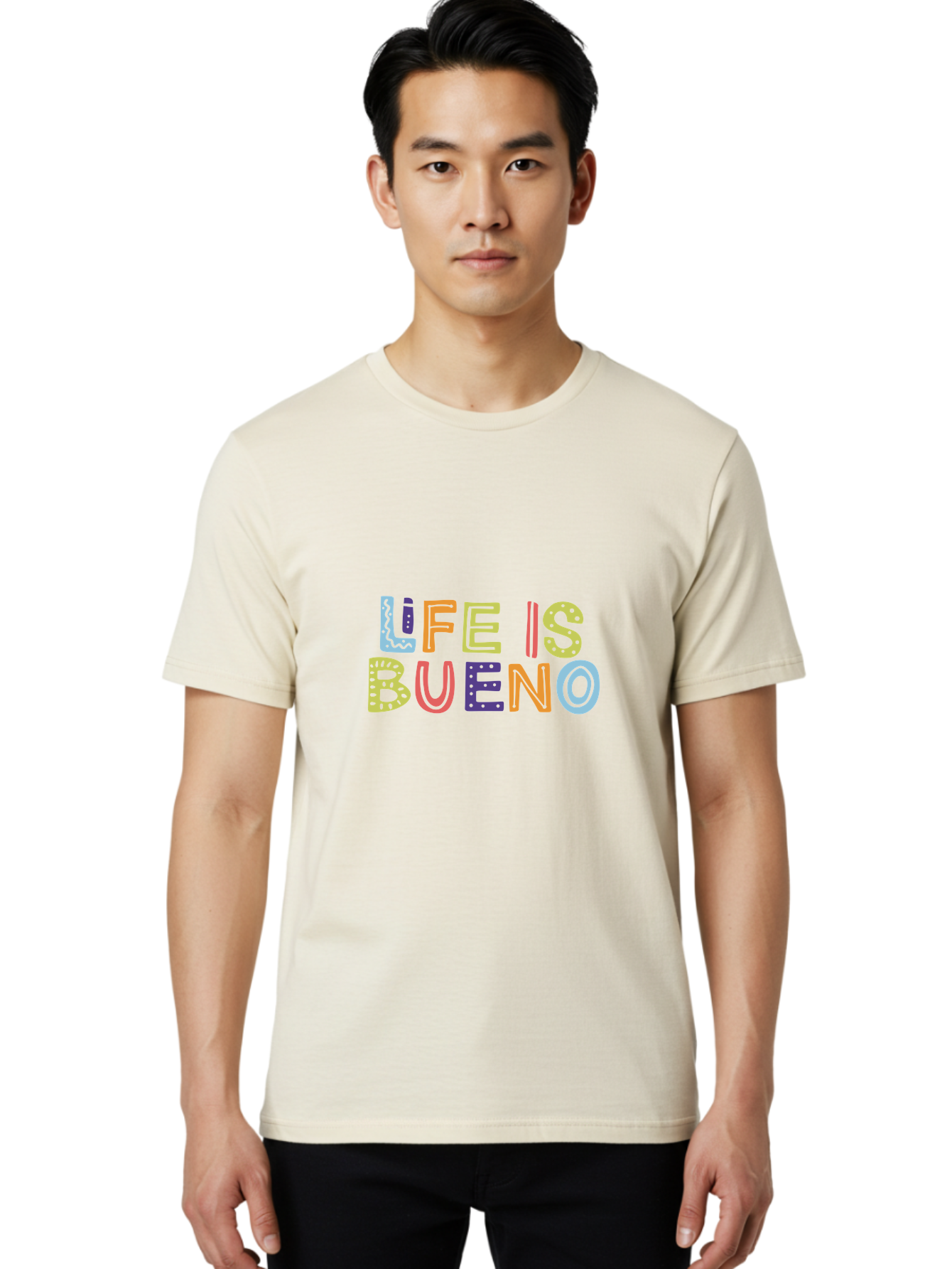 Life-Is-Bueno-2 Men'S Graphic Tee, 100% Cotton, Comfortable Casual Summer Wear, Machine Washable, Colorful Typography, Inspirational Quote, Life Is Bueno, Positive Vibes, Motivational Phrase, Good Times, Happiness, Text Graphic, -  Aaa270