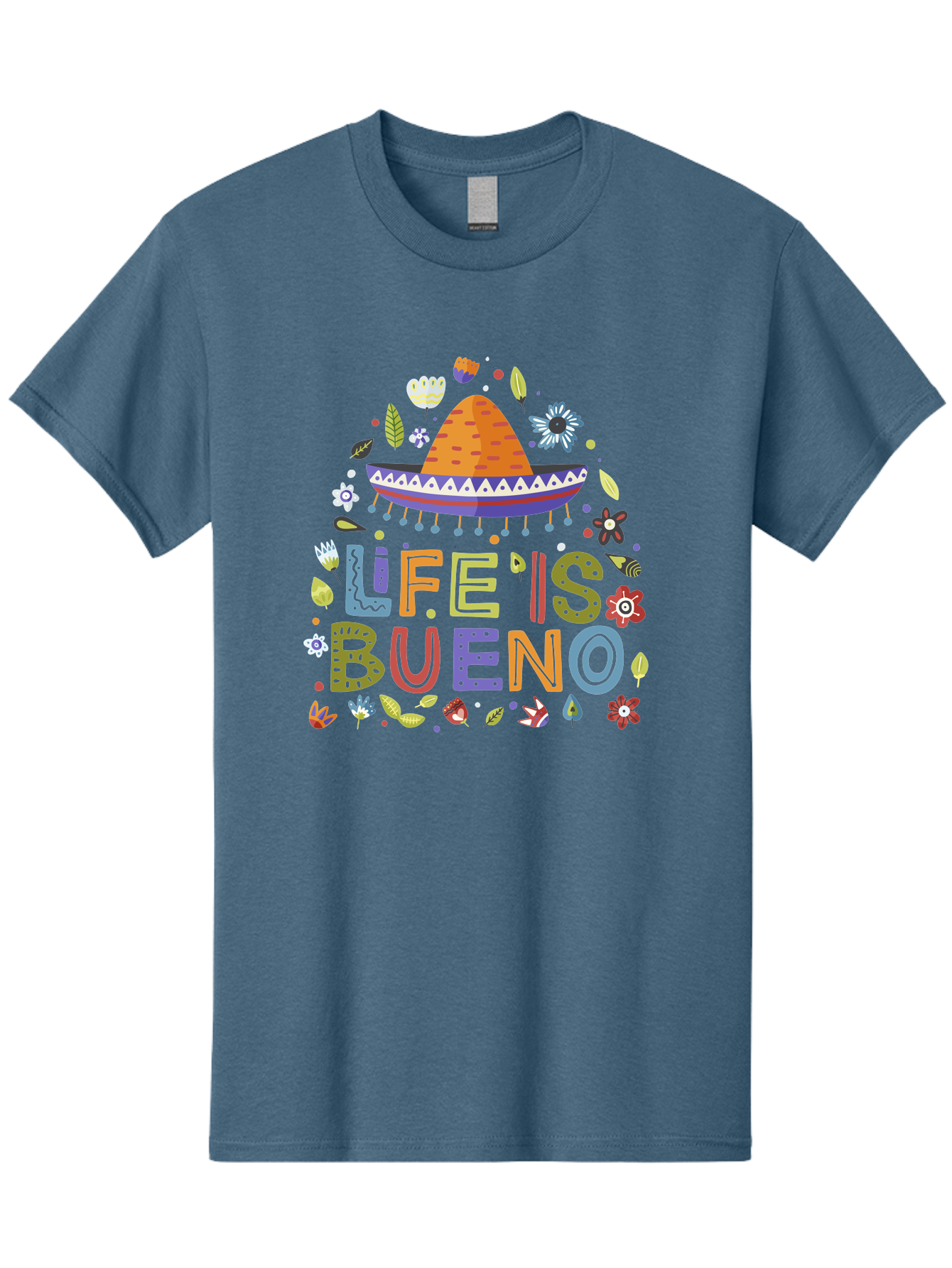 Life-Is-Bueno Men'S Graphic Tee, 100% Cotton, Comfortable Casual Summer Wear, Machine Washable, Colorful Sombrero, Vibrant Flowers, Festive Design, Fun Typography, Life Is Bueno Phrase, Lively Atmosphere, Festive Vibe, Celebration Theme, -  Aaa272