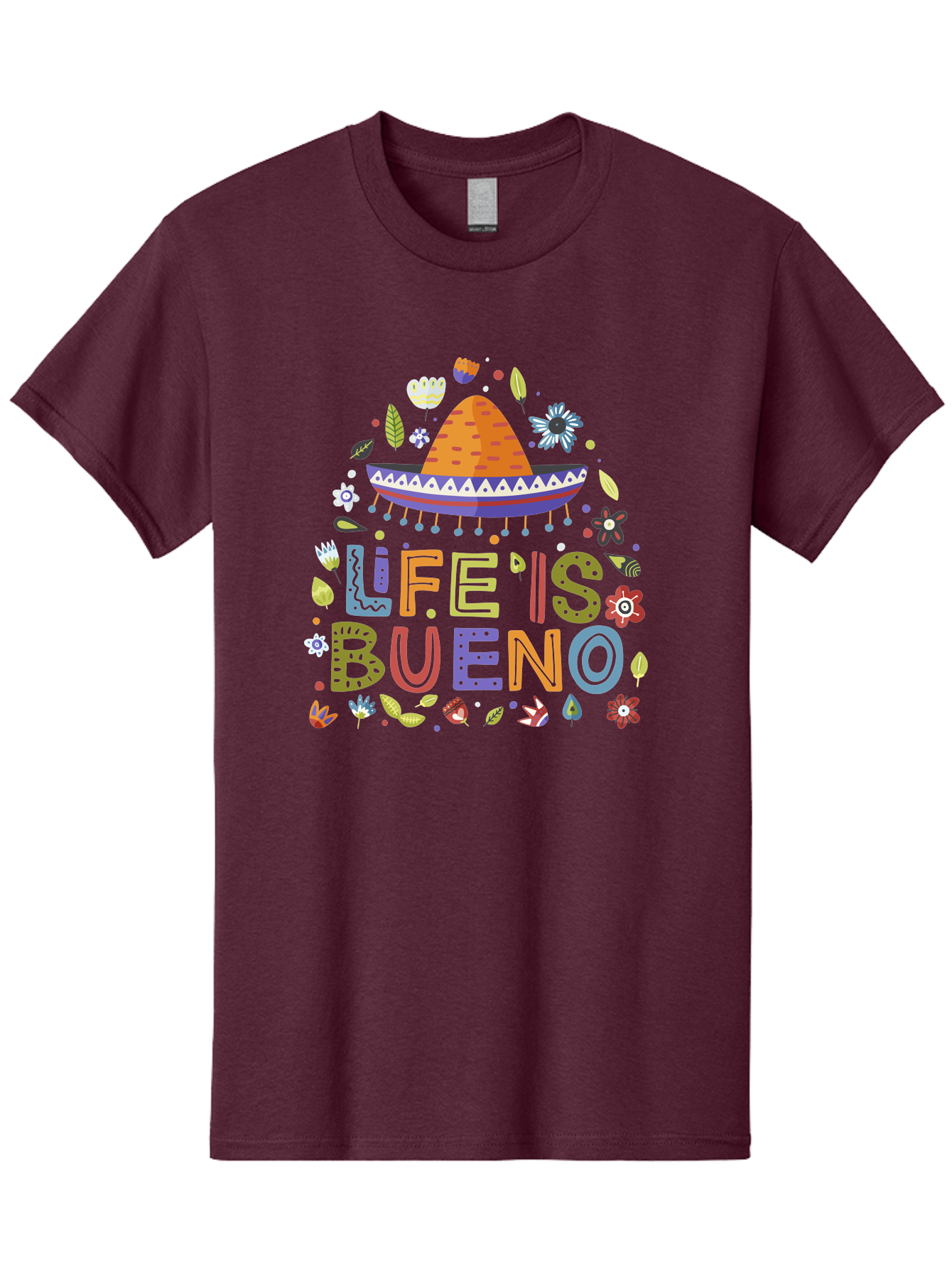 Life-Is-Bueno Men'S Graphic Tee, 100% Cotton, Comfortable Casual Summer Wear, Machine Washable, Colorful Sombrero, Vibrant Flowers, Festive Design, Fun Typography, Life Is Bueno Phrase, Lively Atmosphere, Festive Vibe, Celebration Theme, -  Aaa272
