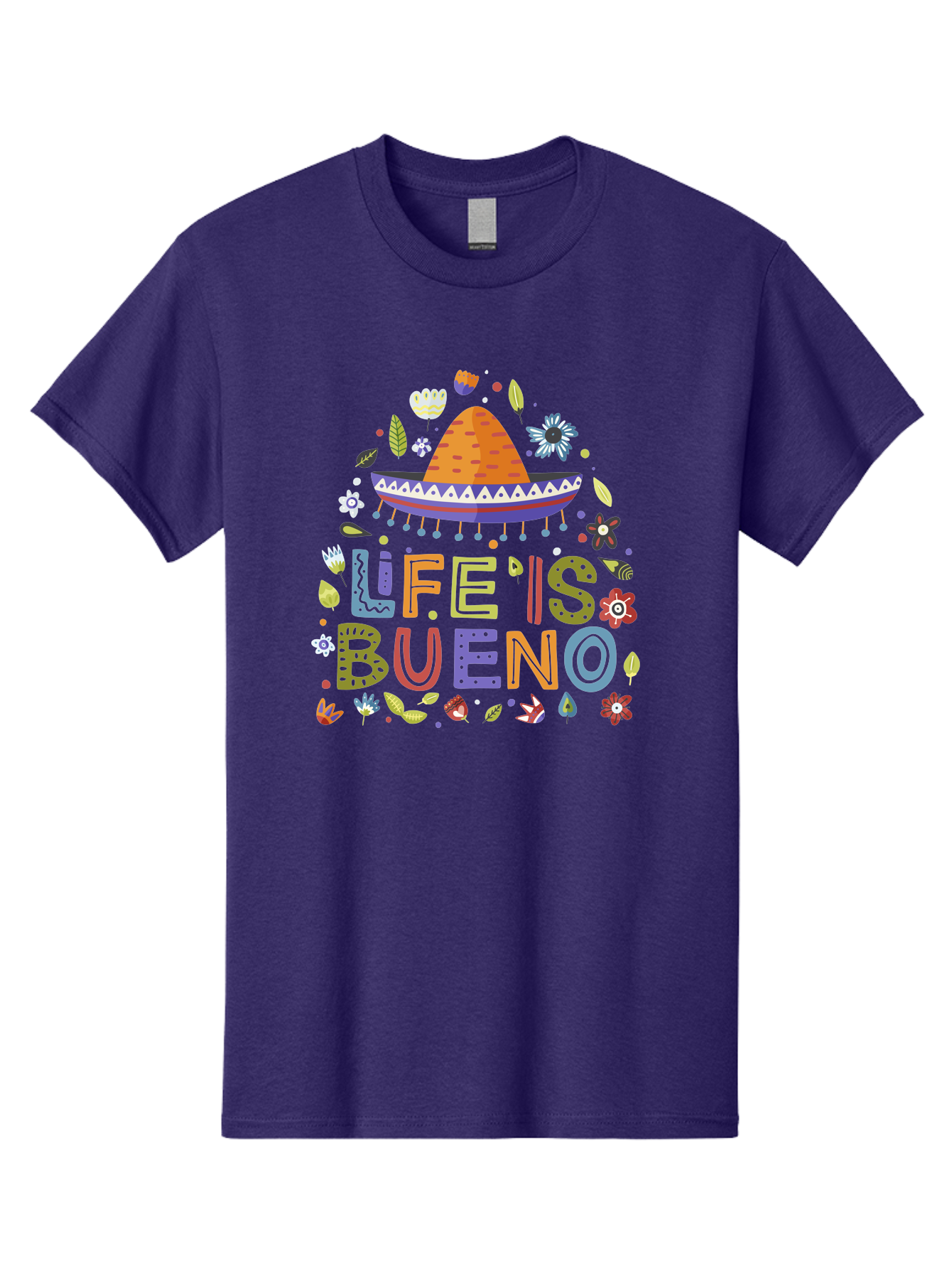 Life-Is-Bueno Men'S Graphic Tee, 100% Cotton, Comfortable Casual Summer Wear, Machine Washable, Colorful Sombrero, Vibrant Flowers, Festive Design, Fun Typography, Life Is Bueno Phrase, Lively Atmosphere, Festive Vibe, Celebration Theme, -  Aaa272