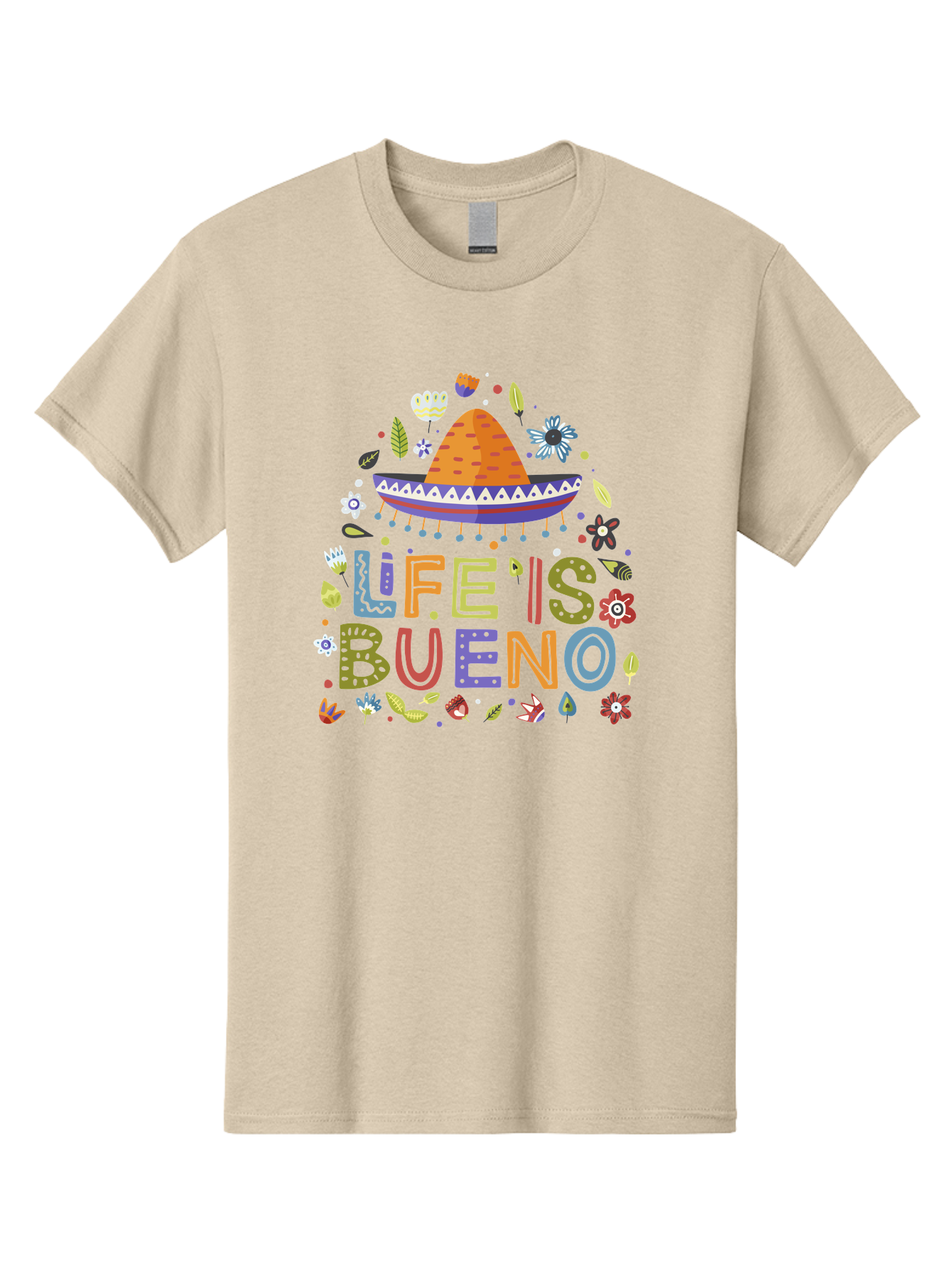 Life-Is-Bueno Men'S Graphic Tee, 100% Cotton, Comfortable Casual Summer Wear, Machine Washable, Colorful Sombrero, Vibrant Flowers, Festive Design, Fun Typography, Life Is Bueno Phrase, Lively Atmosphere, Festive Vibe, Celebration Theme, -  Aaa272