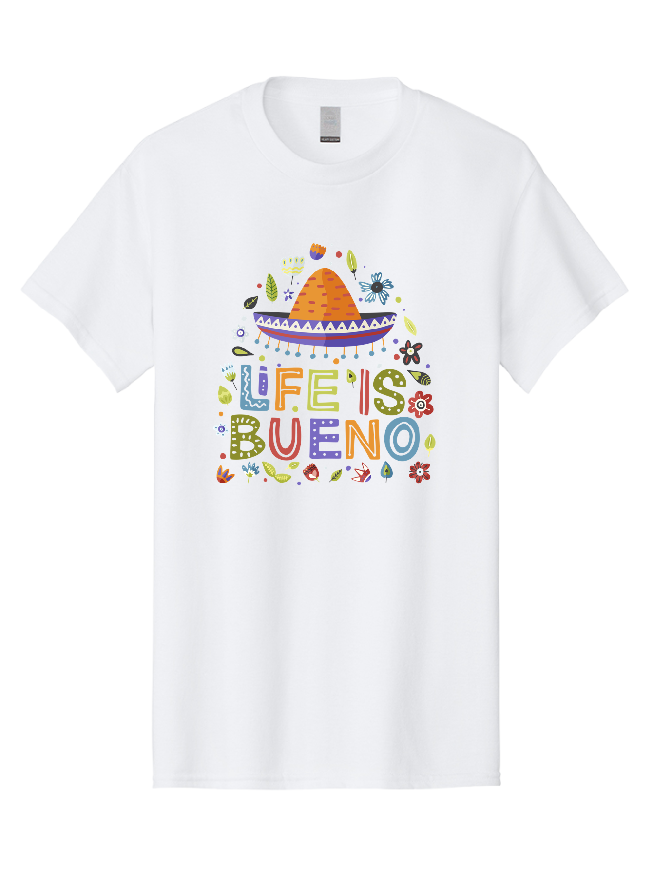 Life-Is-Bueno Men'S Graphic Tee, 100% Cotton, Comfortable Casual Summer Wear, Machine Washable, Colorful Sombrero, Vibrant Flowers, Festive Design, Fun Typography, Life Is Bueno Phrase, Lively Atmosphere, Festive Vibe, Celebration Theme, -  Aaa272