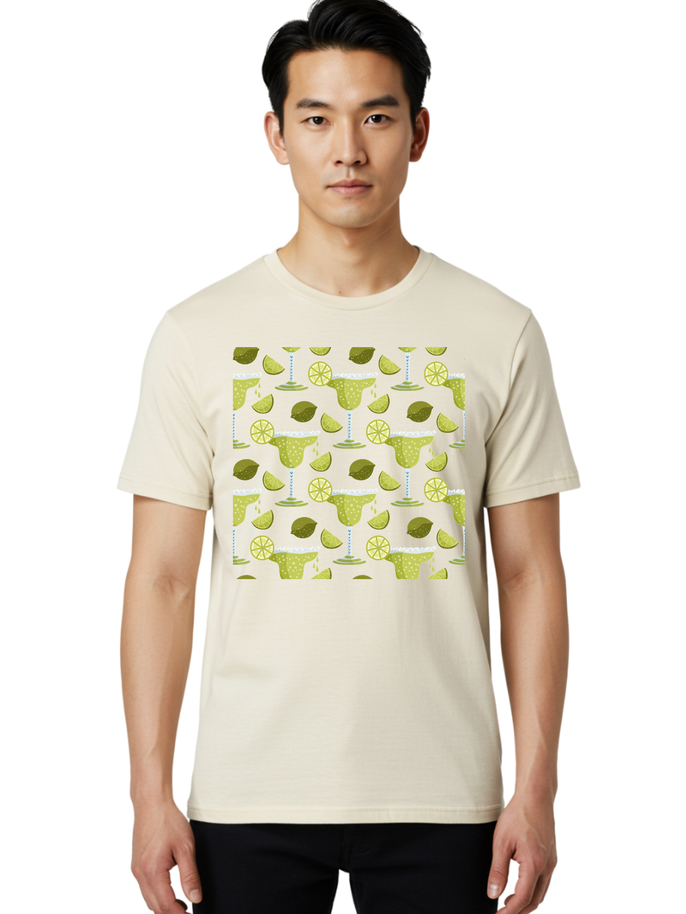 Margarita-Glasses-Lime-Wedges Men'S Graphic Tee, 100% Cotton, Comfortable Casual Summer Wear, Machine Washable, Margarita Glasses, Cocktail Glasses, Yellow Polka Dots, Salt Rims, Lime Wedges, Citrus Slices, Festive Patterns, -  Aaa277