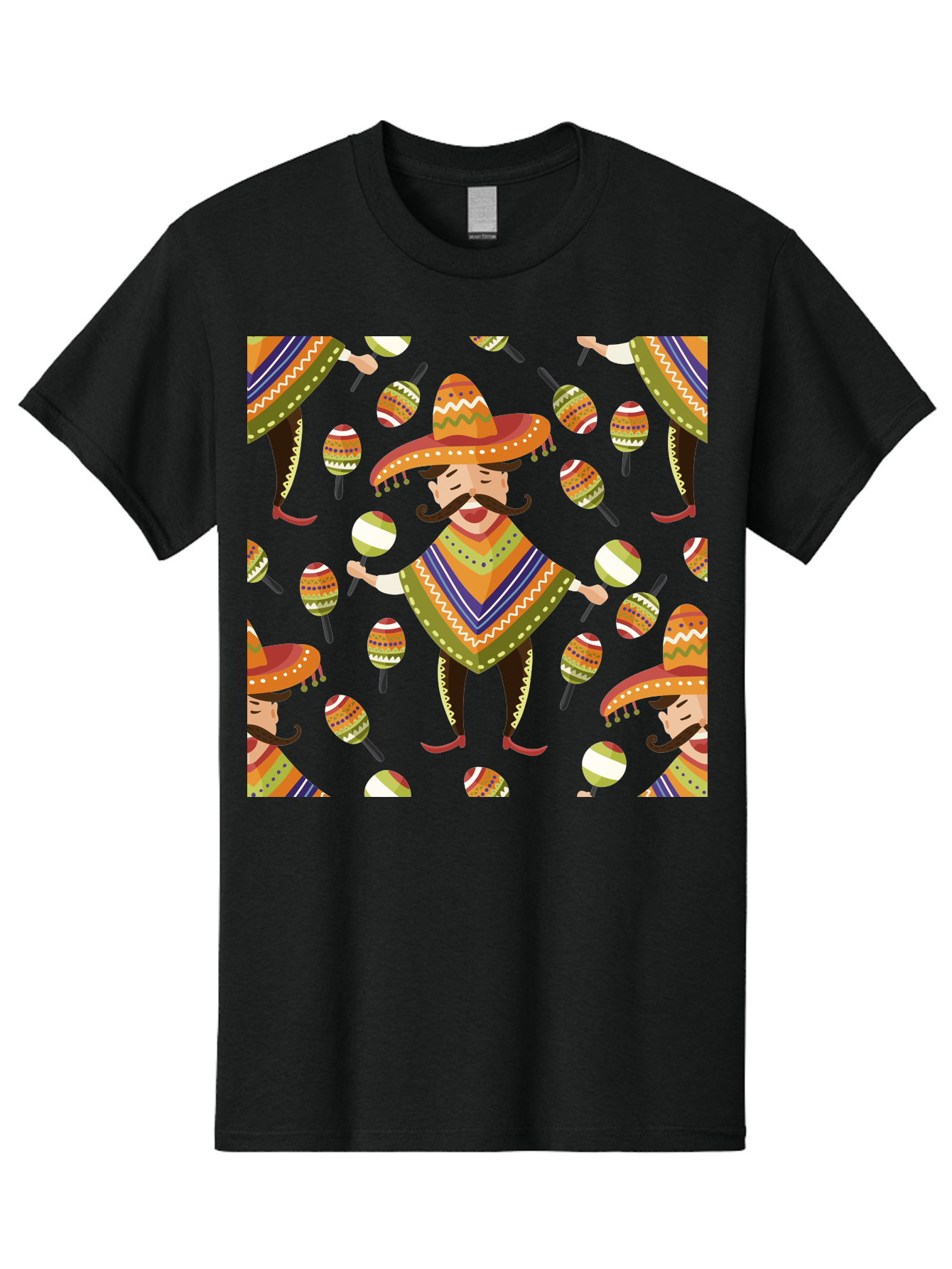 Mariachi-Pattern Men'S Graphic Tee, 100% Cotton, Comfortable Casual Summer Wear, Machine Washable, Mexican Mariachi, Colorful Sombrero, Traditional Clothing, Maracas, Festive Atmosphere, Lively Music, Vibrant Colors, Cultural Heritage, -  Aaa278