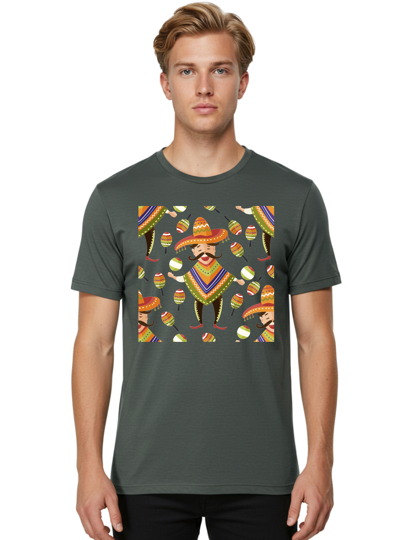 Mariachi-Pattern Men'S Graphic Tee, 100% Cotton, Comfortable Casual Summer Wear, Machine Washable, Mexican Mariachi, Colorful Sombrero, Traditional Clothing, Maracas, Festive Atmosphere, Lively Music, Vibrant Colors, Cultural Heritage, -  Aaa278