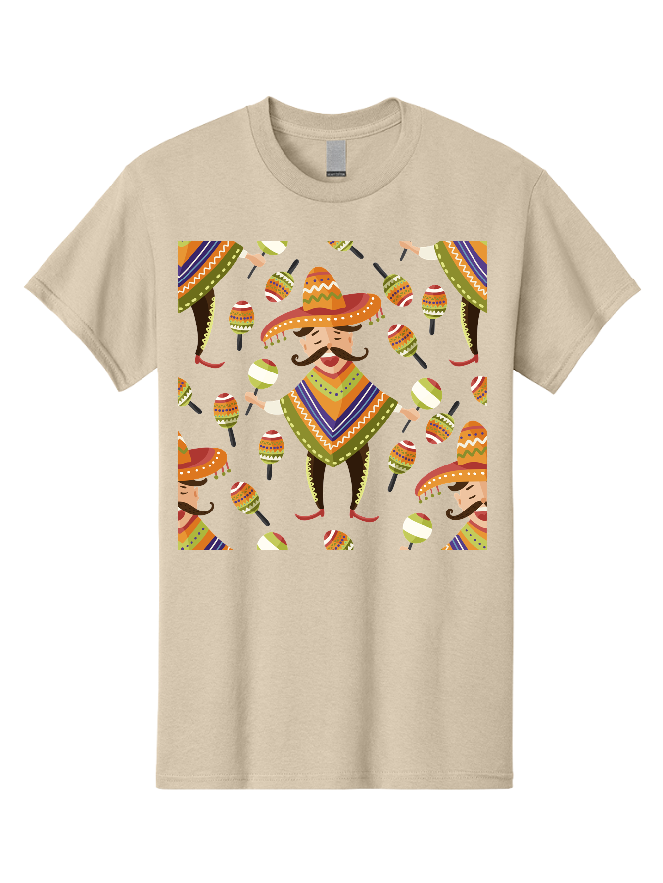 Mariachi-Pattern Men'S Graphic Tee, 100% Cotton, Comfortable Casual Summer Wear, Machine Washable, Mexican Mariachi, Colorful Sombrero, Traditional Clothing, Maracas, Festive Atmosphere, Lively Music, Vibrant Colors, Cultural Heritage, -  Aaa278