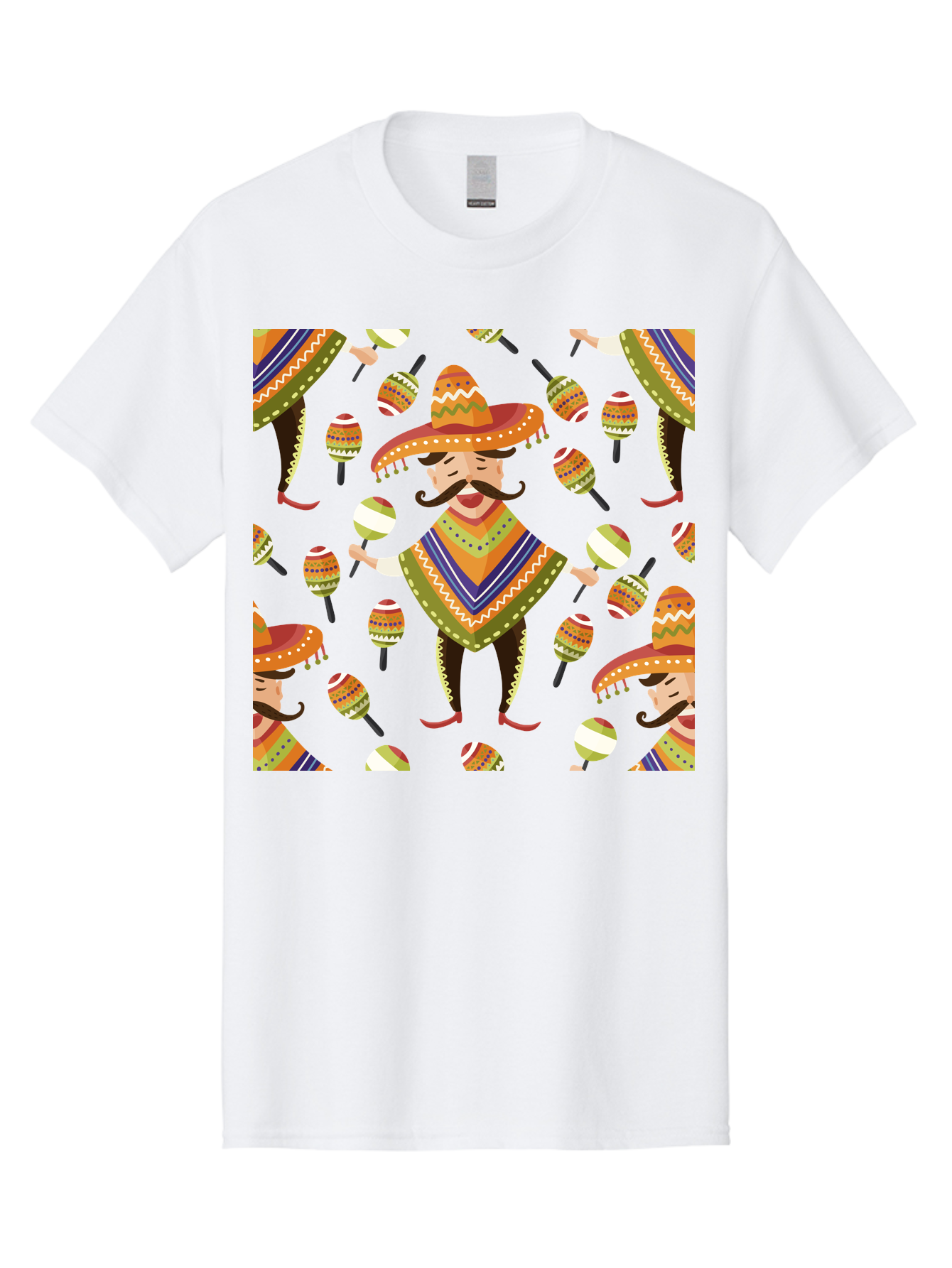 Mariachi-Pattern Men'S Graphic Tee, 100% Cotton, Comfortable Casual Summer Wear, Machine Washable, Mexican Mariachi, Colorful Sombrero, Traditional Clothing, Maracas, Festive Atmosphere, Lively Music, Vibrant Colors, Cultural Heritage, -  Aaa278