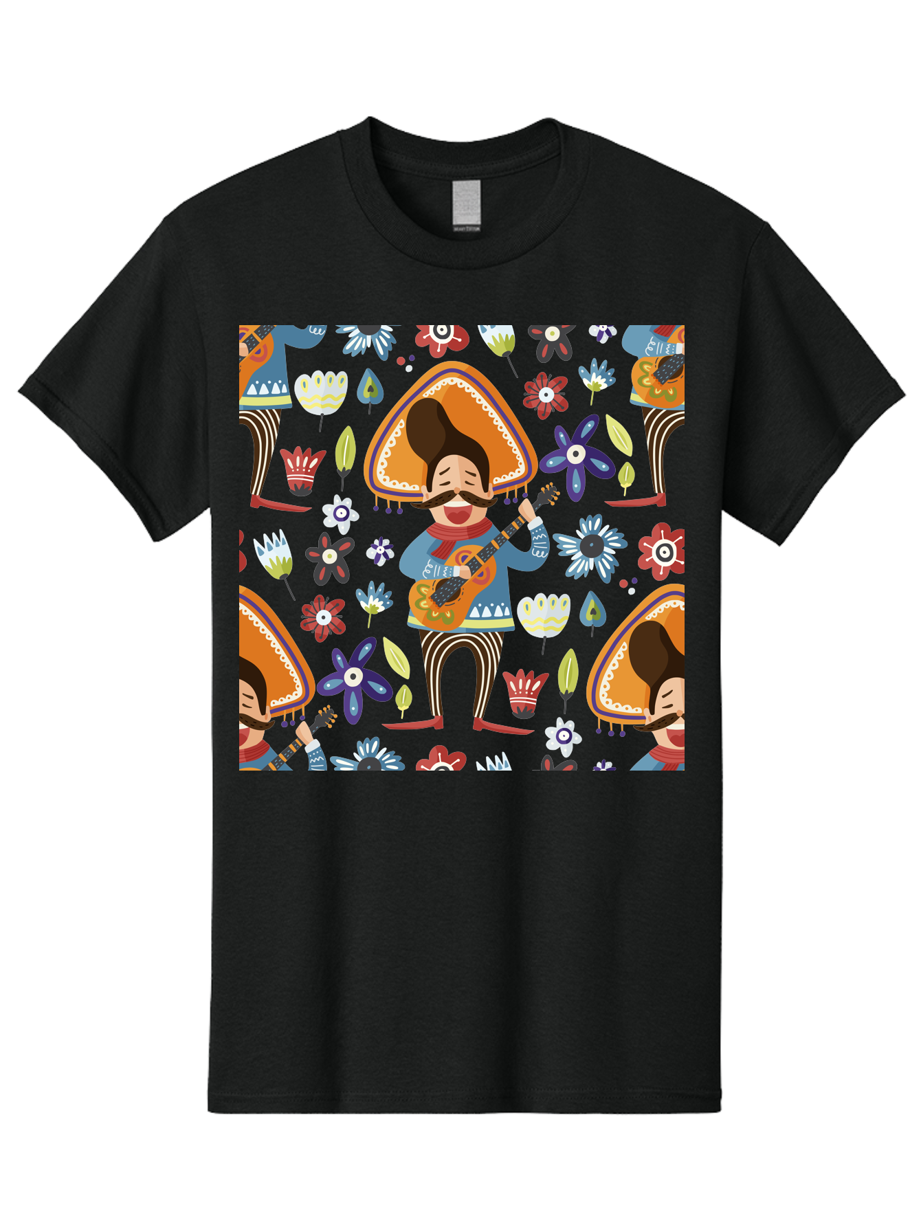 Mexican-Guitarist Men'S Graphic Tee, 100% Cotton, Comfortable Casual Summer Wear, Machine Washable, Mariachi Man Playing Guitar, Sombrero Hat, Mustache, Vibrant Flowers, Festive Atmosphere, Lively Music, Cultural Heritage, -  Aaa279