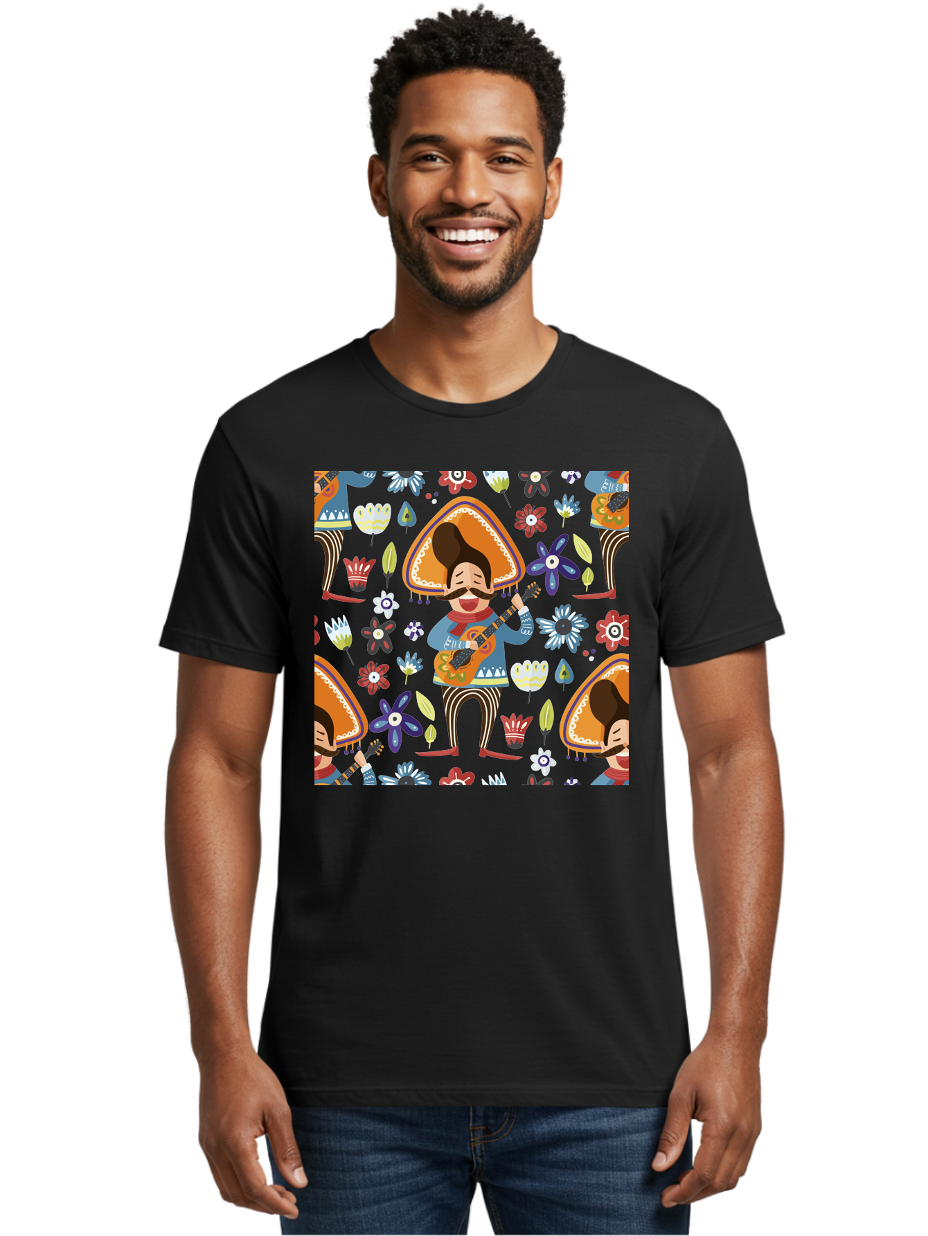 Mexican-Guitarist Men'S Graphic Tee, 100% Cotton, Comfortable Casual Summer Wear, Machine Washable, Mariachi Man Playing Guitar, Sombrero Hat, Mustache, Vibrant Flowers, Festive Atmosphere, Lively Music, Cultural Heritage, -  Aaa279