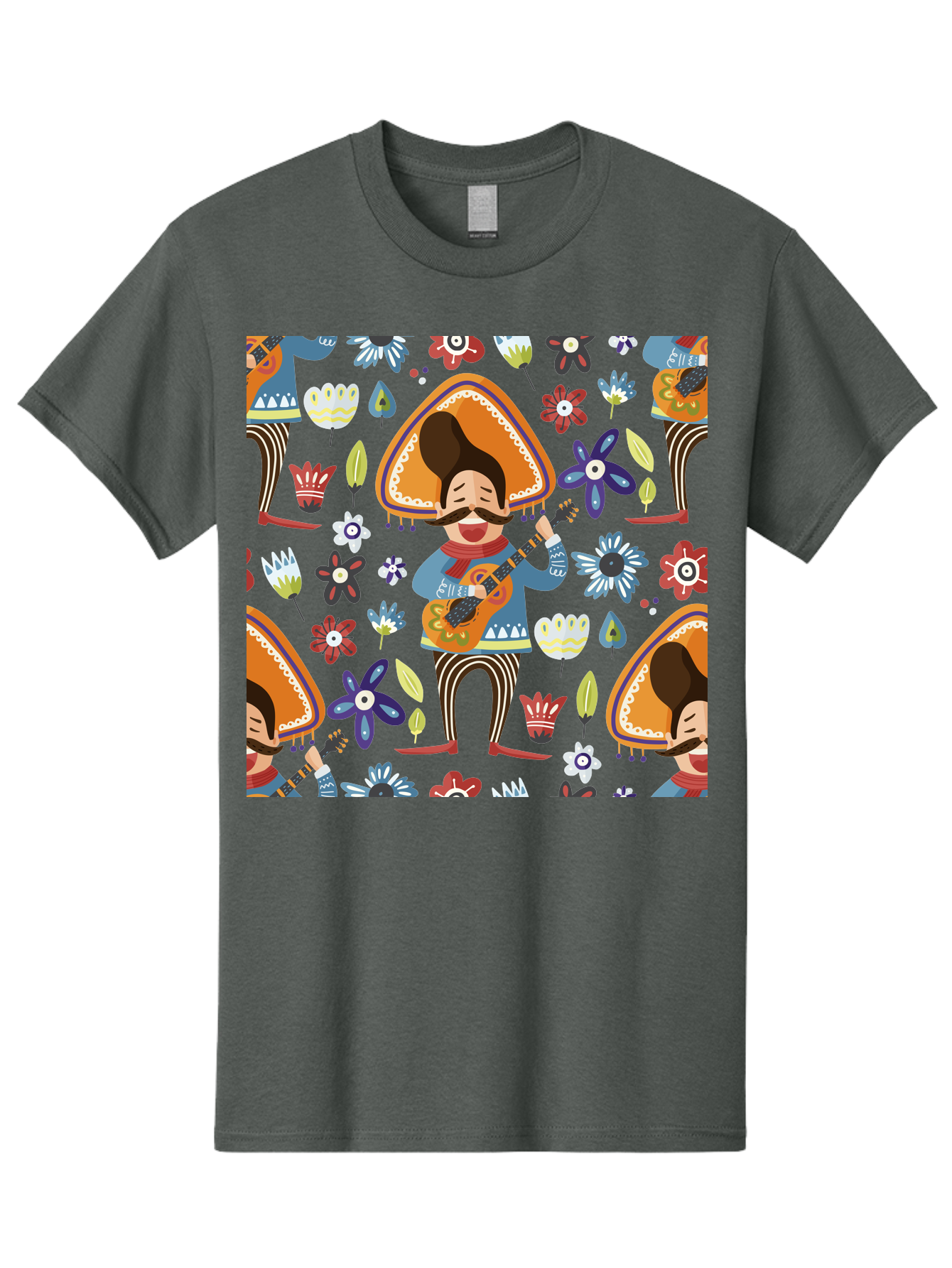 Mexican-Guitarist Men'S Graphic Tee, 100% Cotton, Comfortable Casual Summer Wear, Machine Washable, Mariachi Man Playing Guitar, Sombrero Hat, Mustache, Vibrant Flowers, Festive Atmosphere, Lively Music, Cultural Heritage, -  Aaa279