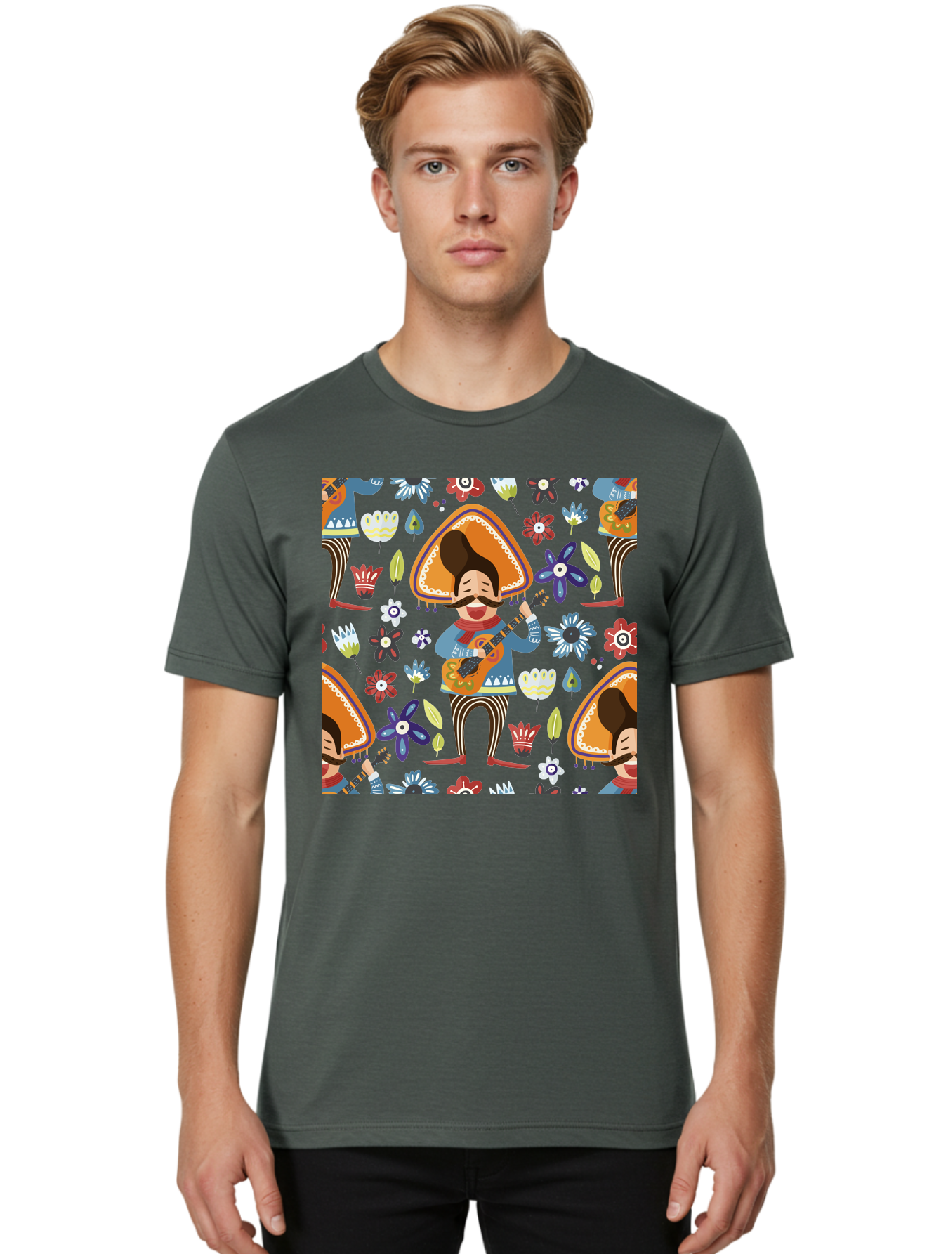 Mexican-Guitarist Men'S Graphic Tee, 100% Cotton, Comfortable Casual Summer Wear, Machine Washable, Mariachi Man Playing Guitar, Sombrero Hat, Mustache, Vibrant Flowers, Festive Atmosphere, Lively Music, Cultural Heritage, -  Aaa279